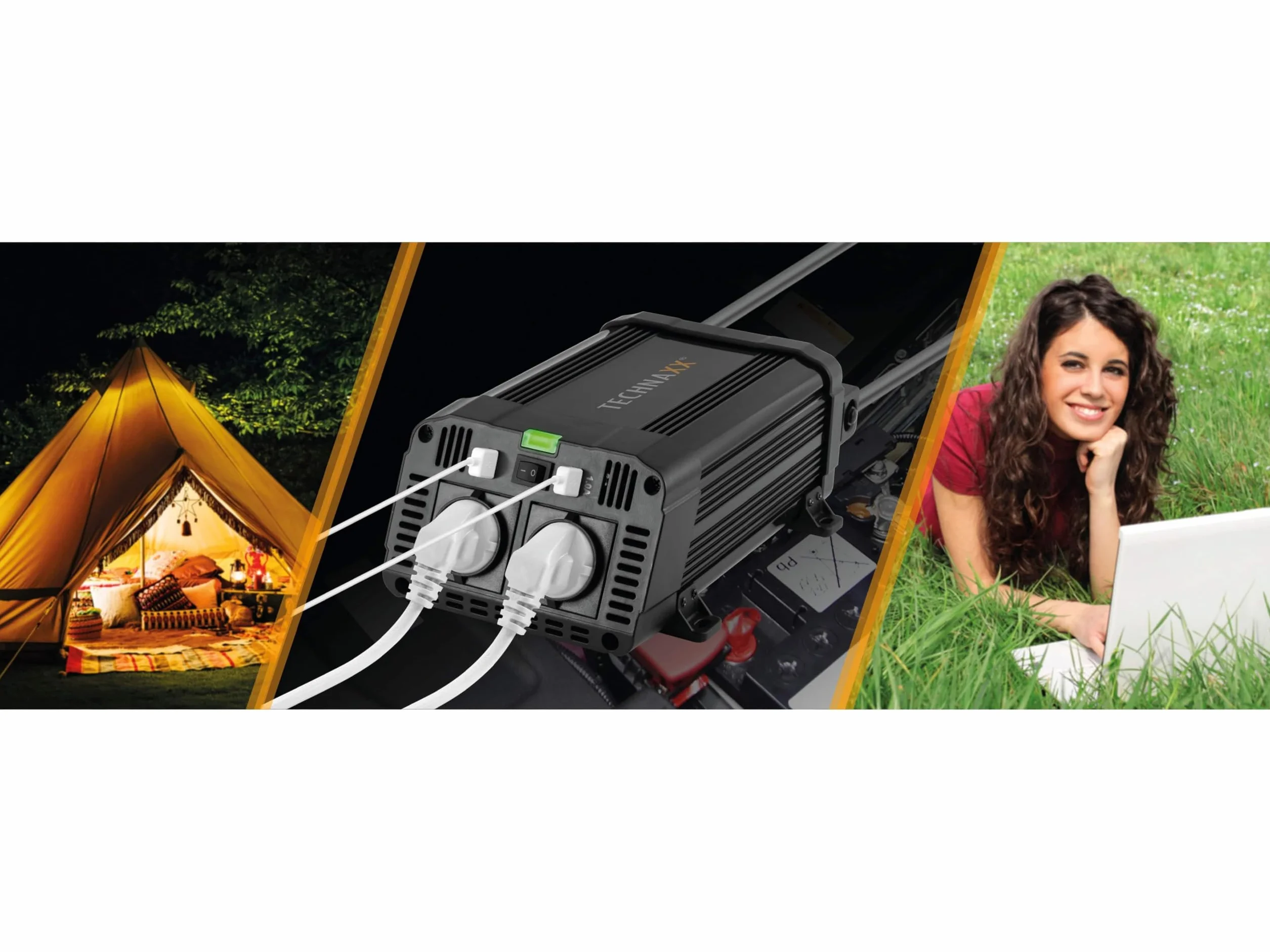 Technaxx Falownik samochodowy 12V 230V 1200W 2400W inwerter z 2 wtyczkami Schuko i 2x USB