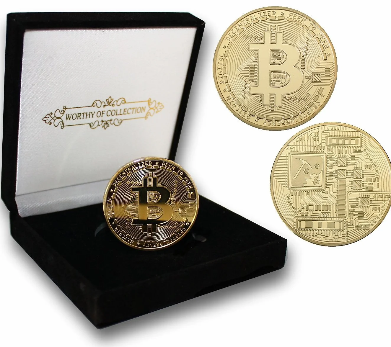Fizyczna Złota Moneta Bitcoin Kolekcjonerska [z powłoką z 24-karatowego prawdziwego złota] wraz z eleganckim aksamitnym etui na monety (złoto)