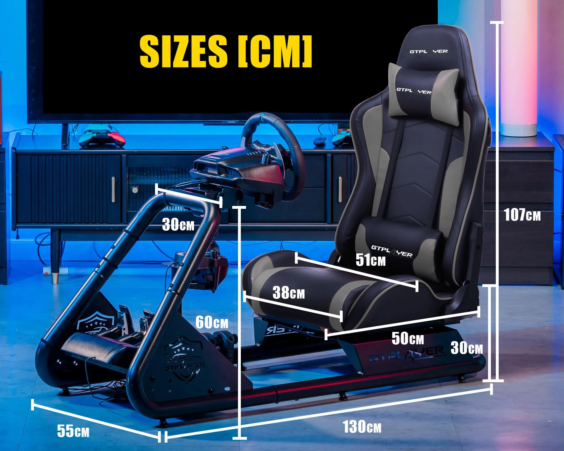 GTPLAYER Wysokiej jakości kokpit Sim Racing, symulator jazdy, fotel symulacyjny PC z głośnikiem, kierownicą i uchwytem na pedały