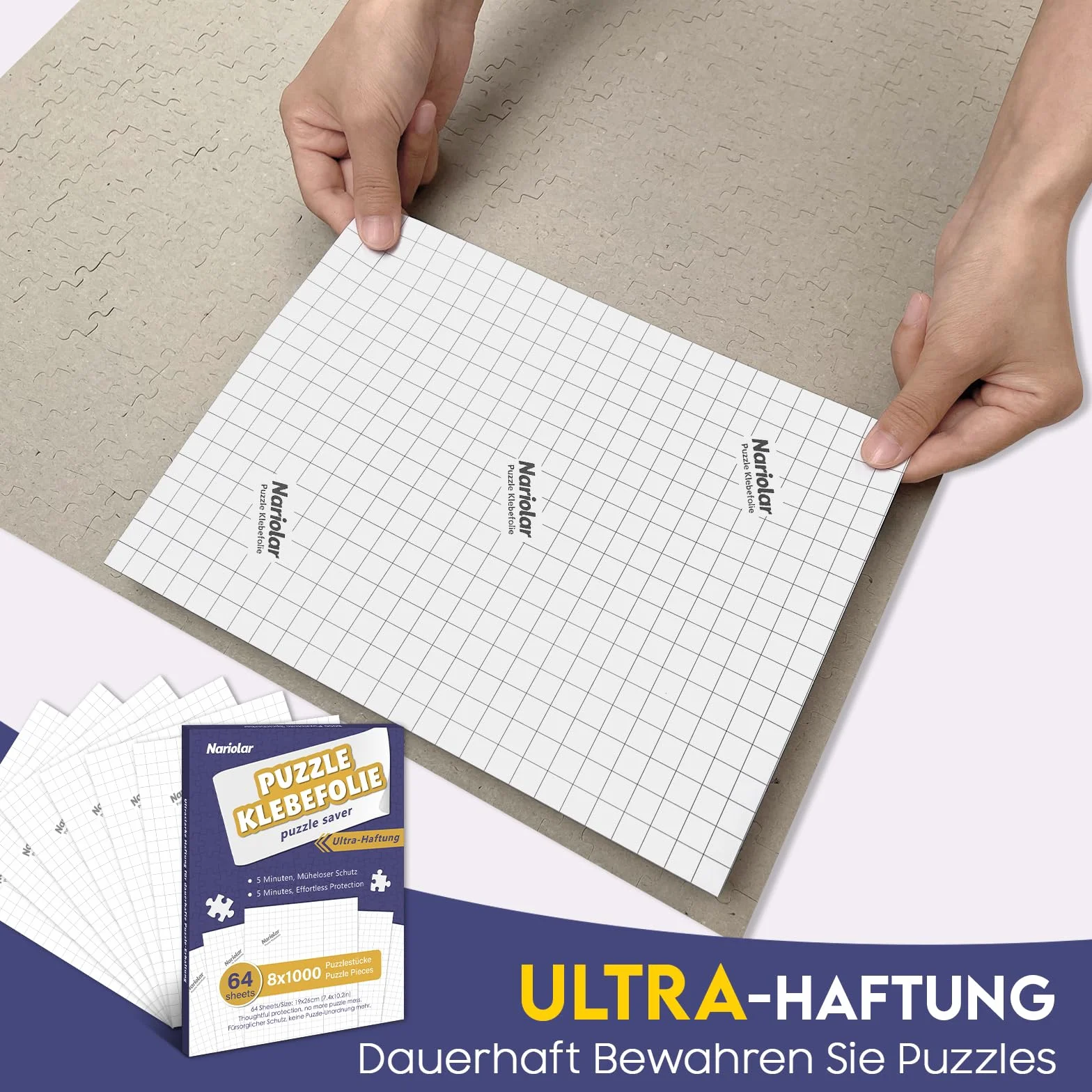 Nariolar Ultra-przyczepna folia samoprzylepna, 64 super klej do puzzli, do otrzymania 8 x 1000 elementów i do ochrony puzzli w ciągu zaledwie kilku minut