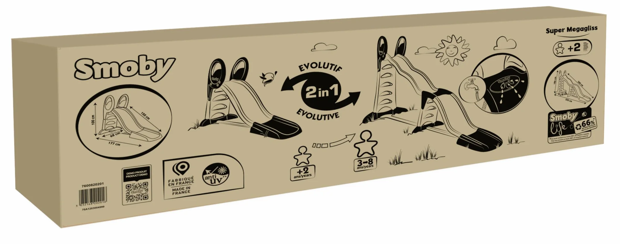 Smoby Life - Super Megagliss Slide - 2w1 Evolutionary Slide - Zjeżdżalnia od 170 do 360 cm - Drabinka z poręczami, stopnie antypoślizgowe - Materiał z recyklingu - Od 2 lat - Wyprodukowano we Francji