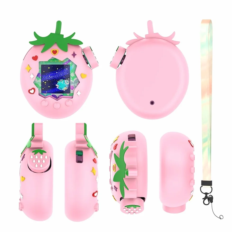 Truskawkowe etui ochronne do raju Tamagotchi, miękka silikonowa osłona TPU, truskawkowe etui z motywem kreskówkowym ze smyczą i nasadką na klawisze, odporne na zarysowania i wstrząsy