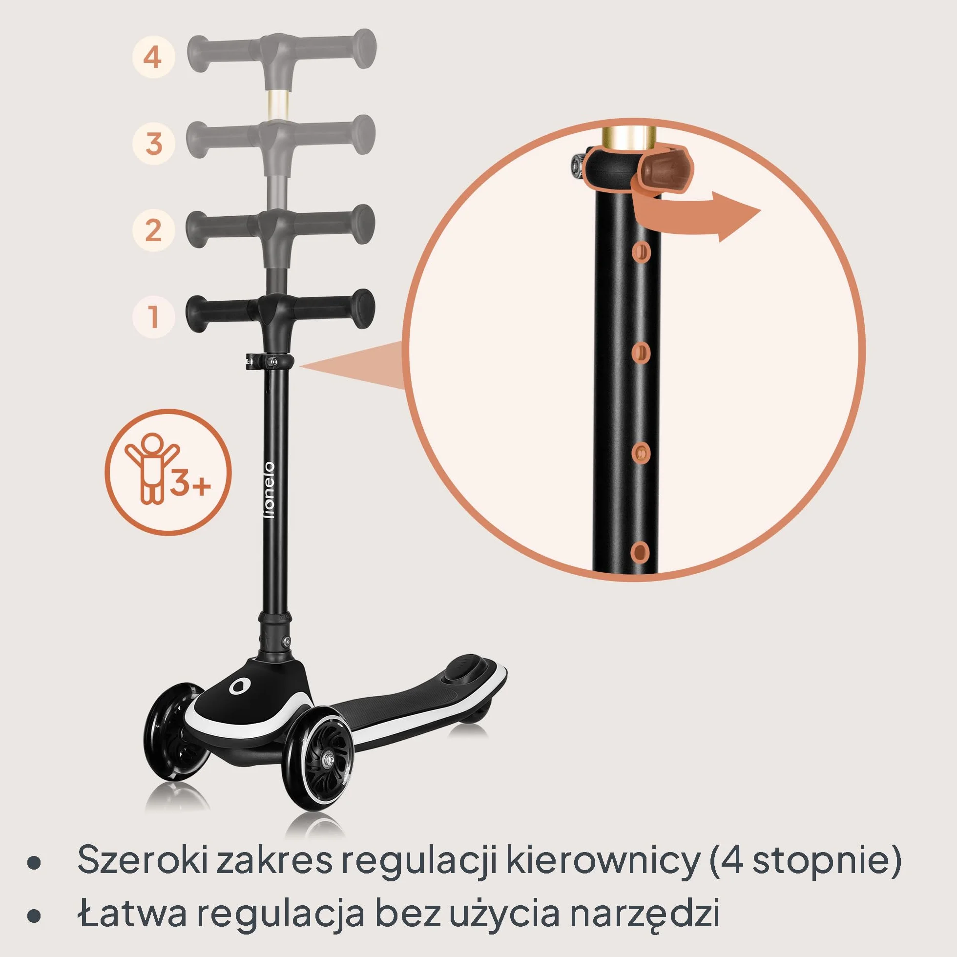 LIONELO MEY Hulajnoga Balansowa dla Dzieci od 3 roku życia do 50 kg, Trójkołowa Hulajnoga Dziecięca z Regulacją Wysokości, Antypoślizgowy Podświetlany Podest i Koła LED, Koszyk