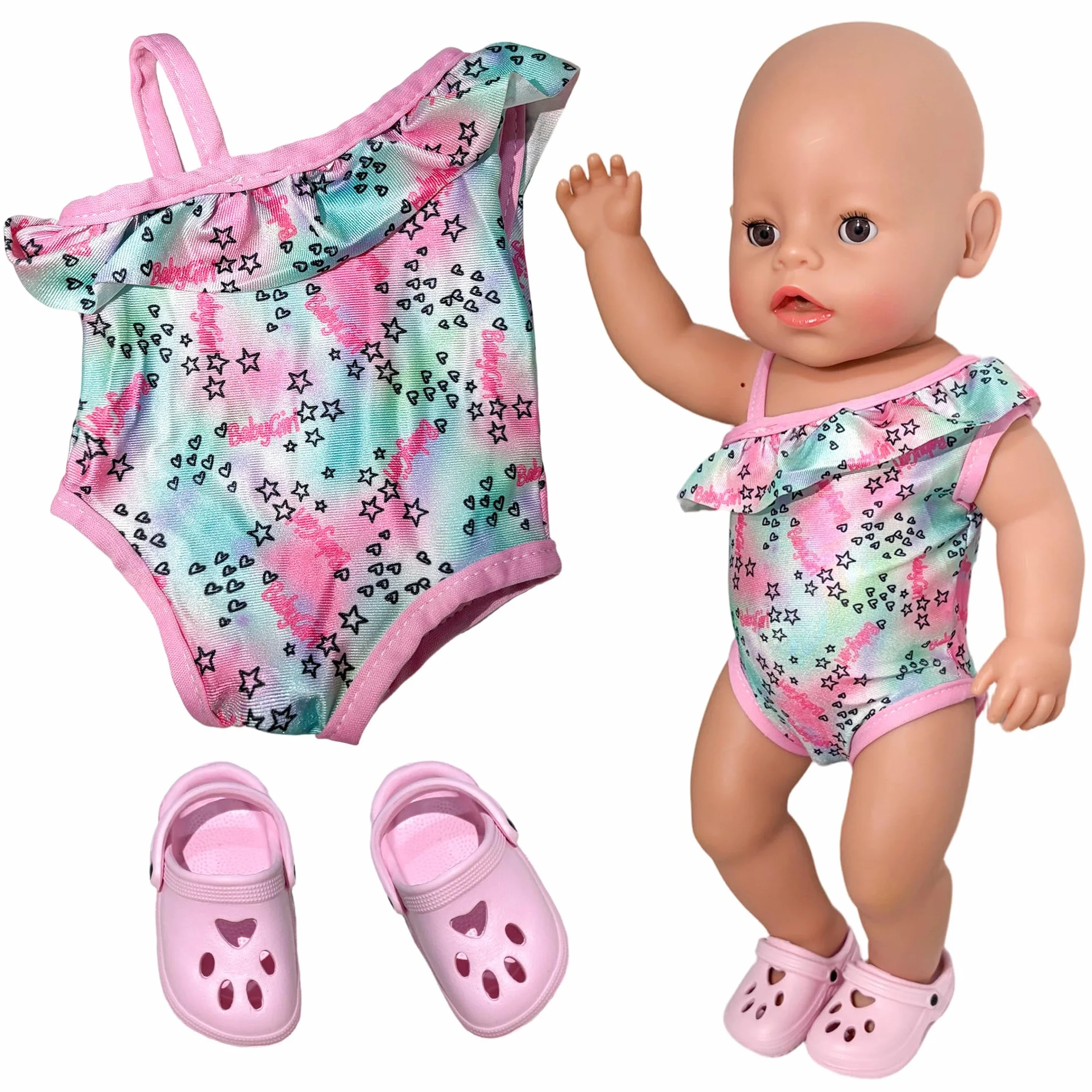 Kostium kąpielowy lalka z klapkami 36-43 cm, róża, kostium kąpielowy, ubranko dla lalek, akcesoria dla lalek, zestaw do pływania z wzorem w gwiazdki, dla lalek 35-45 cm