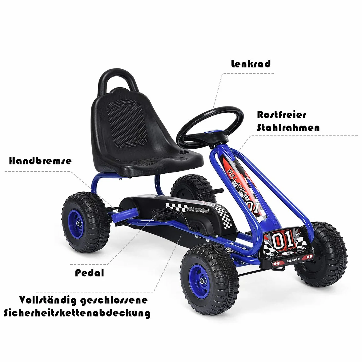 COSTWAY Gokart z regulowanym siedziskiem, Go Cart z hamulcem ręcznym, samochód na pedały, obciążenie do 30 kg, pedały, pojazd pedałowy, pojazd dla dzieci w wieku 3-6 lat (niebieski)