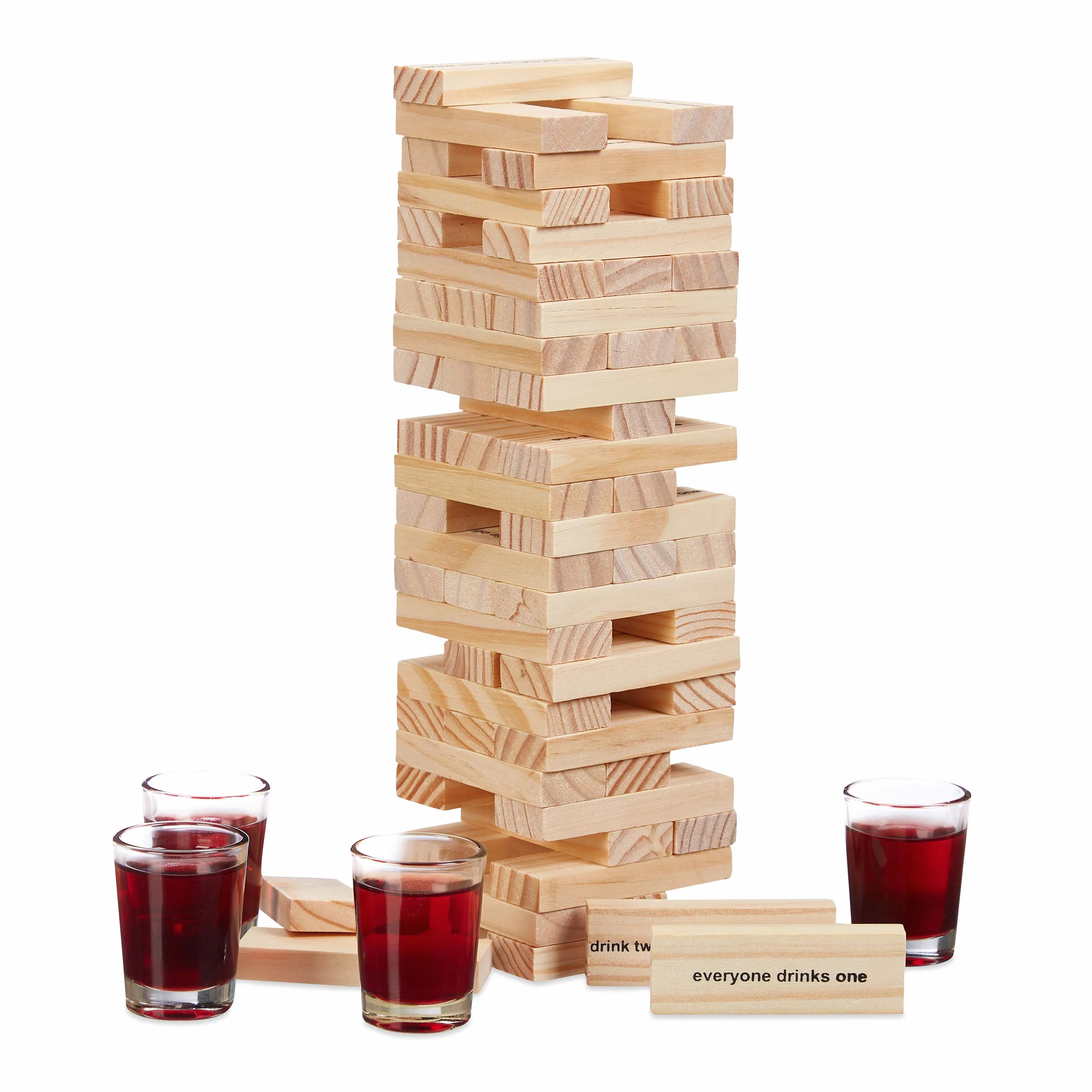 Relaxdays Wieża ruchoma gra "Drunken Tower", drewniana wieża 60 kamieni, 4 kieliszki do wódki, gra imprezowa dla dorosłych, kolor naturalny