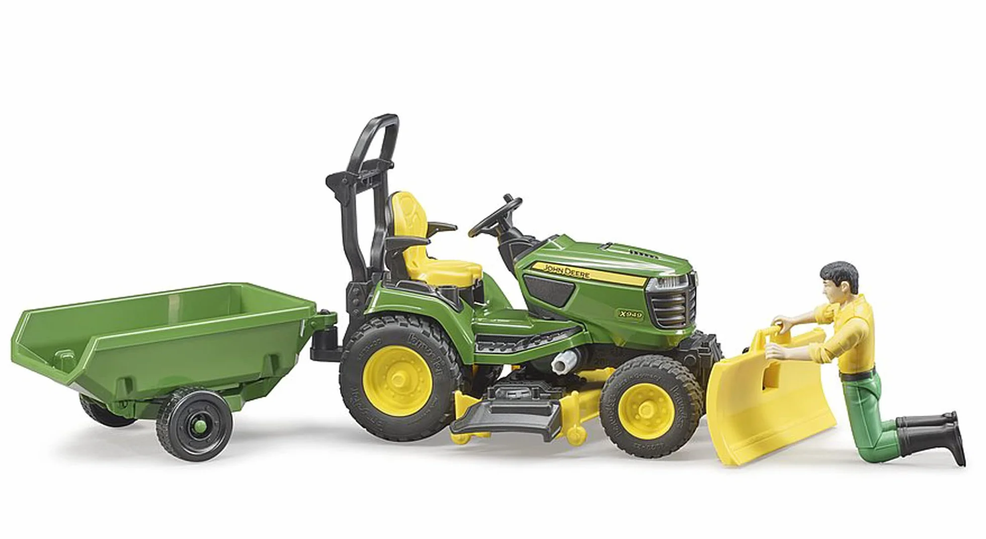 bruder 62104 - Bworld John Deere Traktor ogrodowy z przyczepą i ogrodnikiem - 1:16 Traktor, kosiarka, przyczepa, gospodarstwo, mężczyzna, zabawka figurkowa, pracownik, rolnik