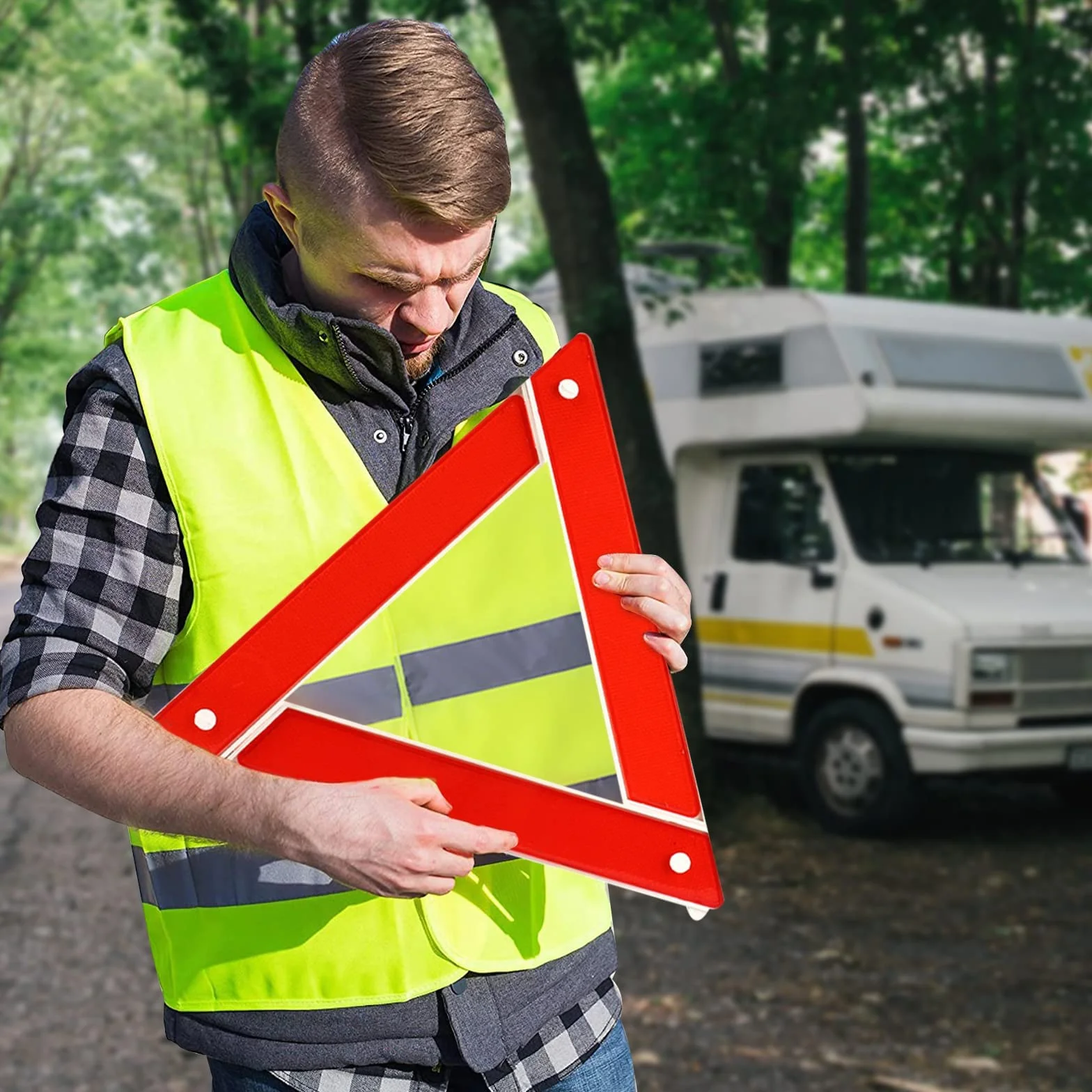 Zestaw trójkąta ostrzegawczego i kamizelki ostrzegawczej Trójkąt awaryjny odblaskowy Składany Oszczędzający miejsce Stabilny dla samochodów KFZ i pojazdów osobowych z walizką do