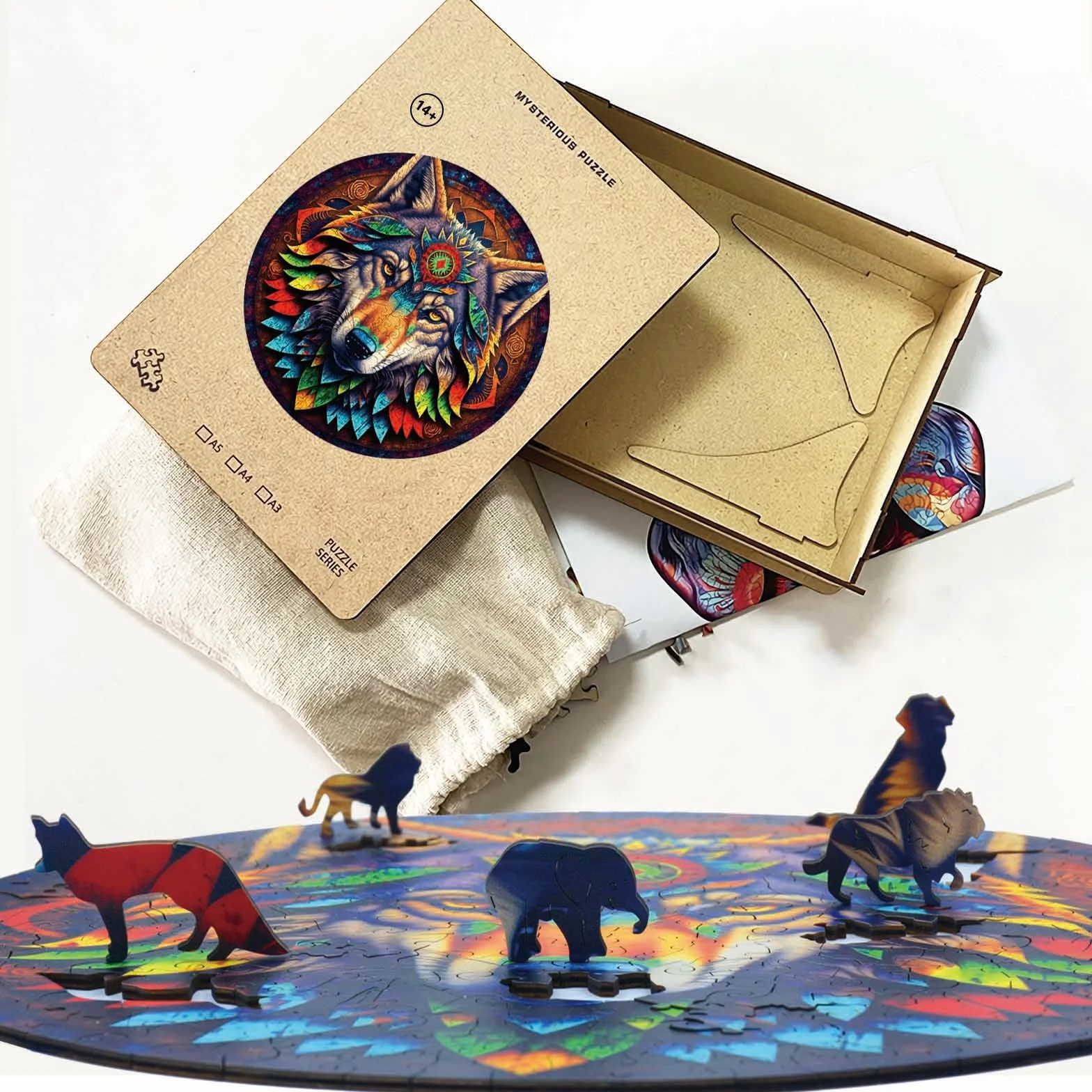 Drewniane puzzle dla dorosłych, wilk, 220 sztuk, nieregularne, jedyne w swoim rodzaju puzzle w kształcie zwierzęcia, drewniane puzzle z pudełkiem na prezent z drewna