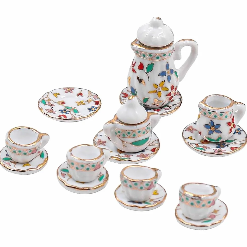 Alnicov 15-częściowy zestaw obiadowy kubki porcelanowe akcesoria do domku dla lalek dla 1/12 domek dla lalek Barbie Lundby domek dla lalek Mini domek dla lalek