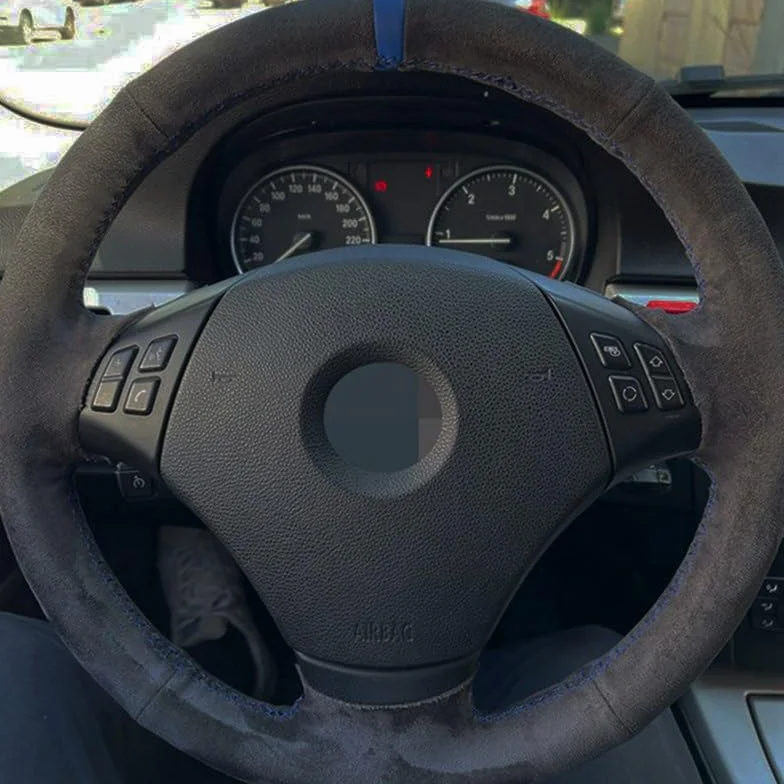 Pokrowiec na kierownicę z prawdziwej skóry zamszowej pleciony, dostosowany do BMW E90 320 318i 320i 325i 330i 320d X1 328xi 2007 Kolor: niebieska nić