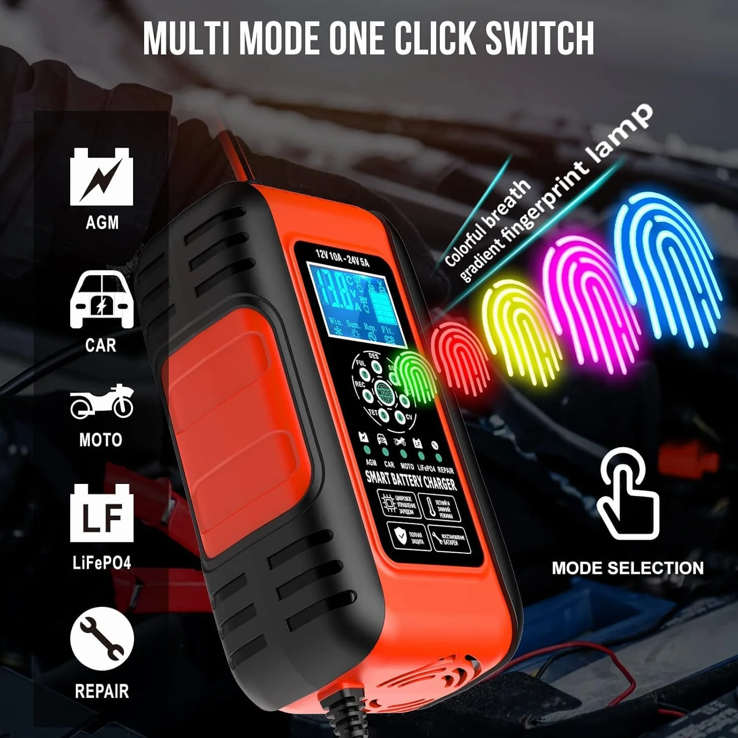 Ładowarka do akumulatora samochodowego, 12 V/24 V 10 A, w pełni automatyczna, inteligentna ładowarka podtrzymująca, ekran LCD, w pełni automatyczna ładowarka do samochodu, motocykla, kosiarki lub łodzi (czerwona)’