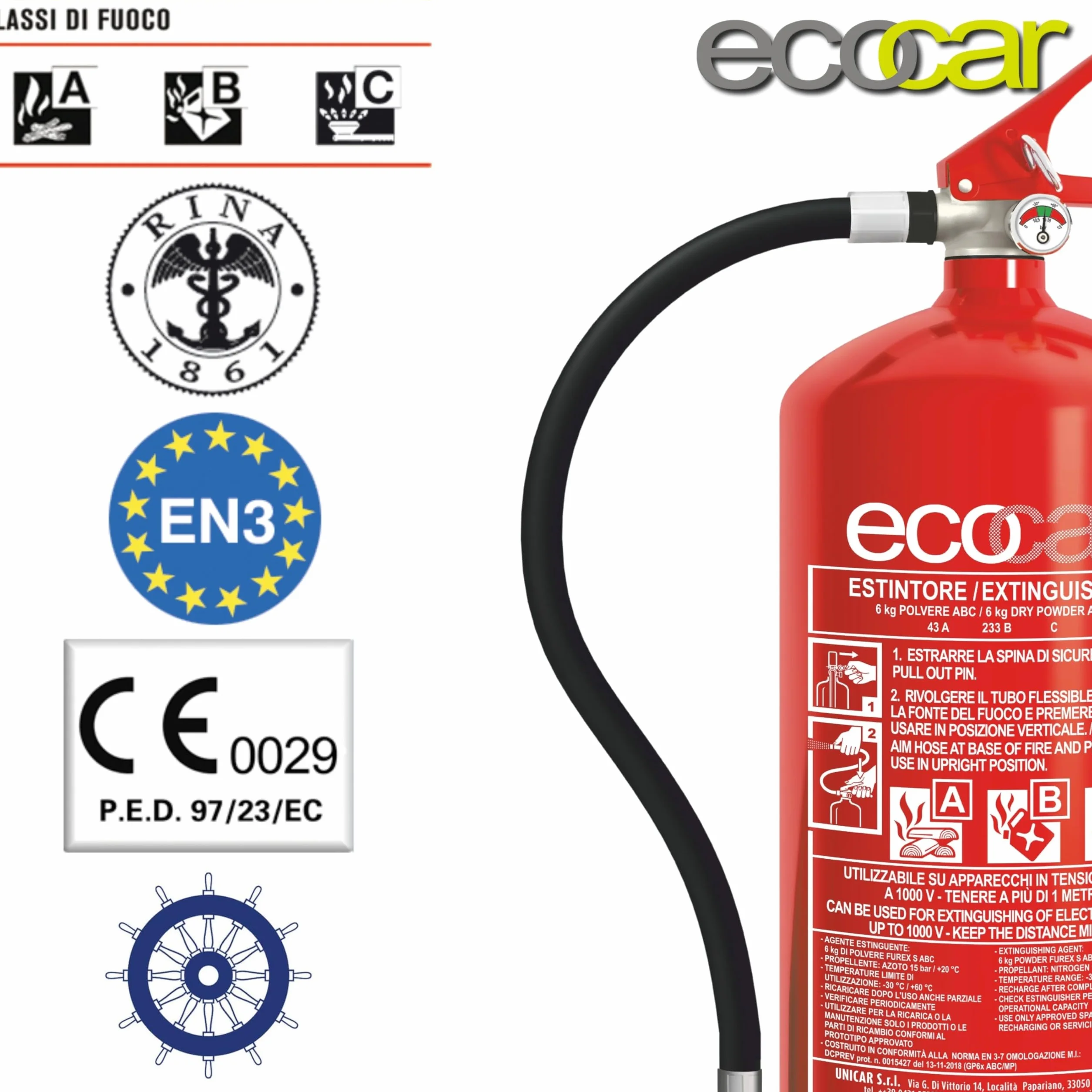 ecocar Gaśnica proszkowa 1 kg z certyfikatem EN3 do samochodu, domu i kampera, z manometrem i uchwytem