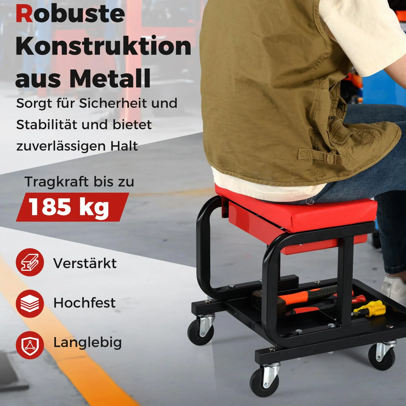 COSTWAY Taboret warsztatowy na kółkach 185 kg siedzisko z szufladą i blatem czerwony