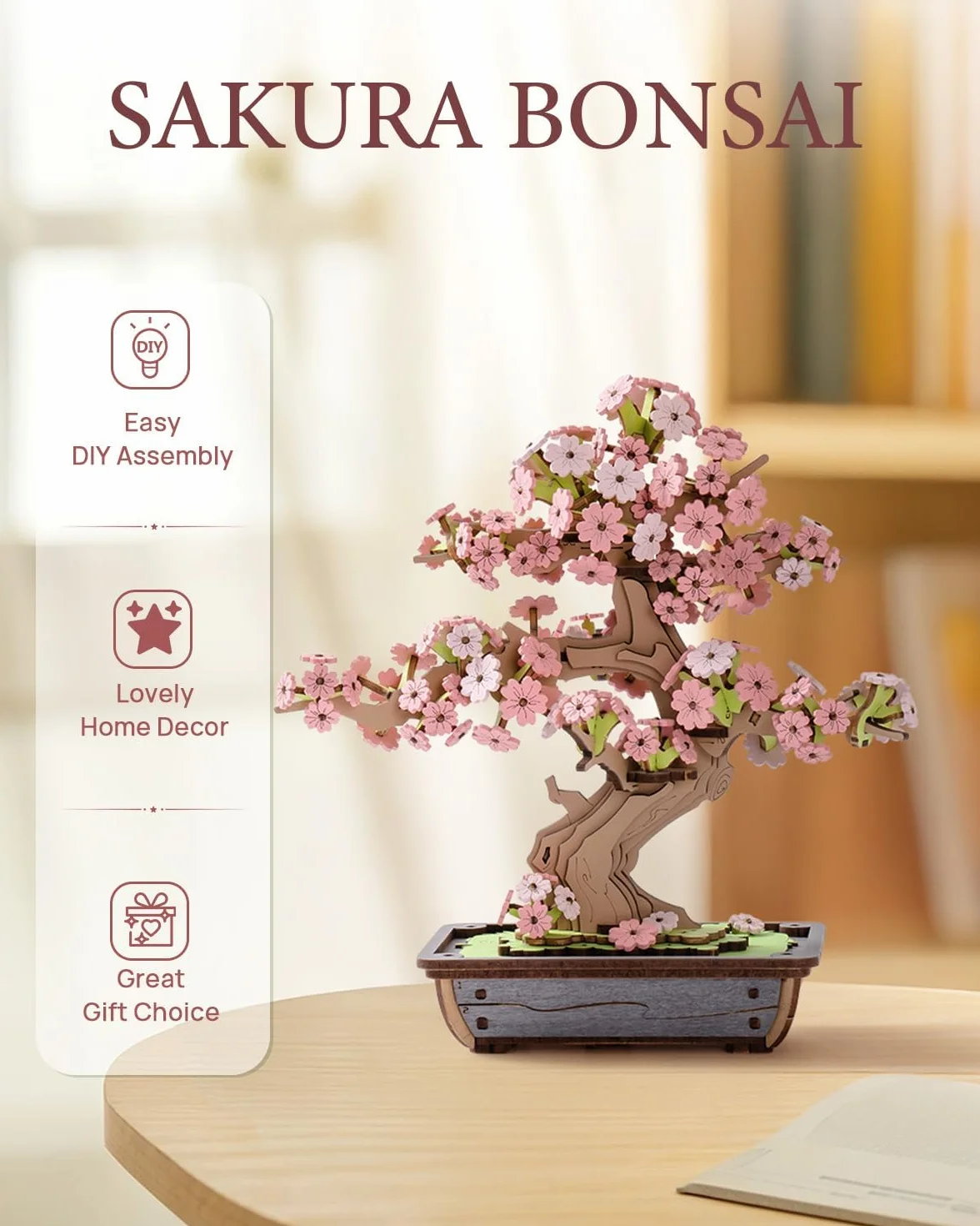 ROWOOD Sakura Bonsai puzzle 3D, drewniane zestawy modeli dla dorosłych do budowania, DIY, klasyczne zestawy konstrukcyjne Sakura, idealne jako dekoracja domu, prezent świąteczny i urodzinowy