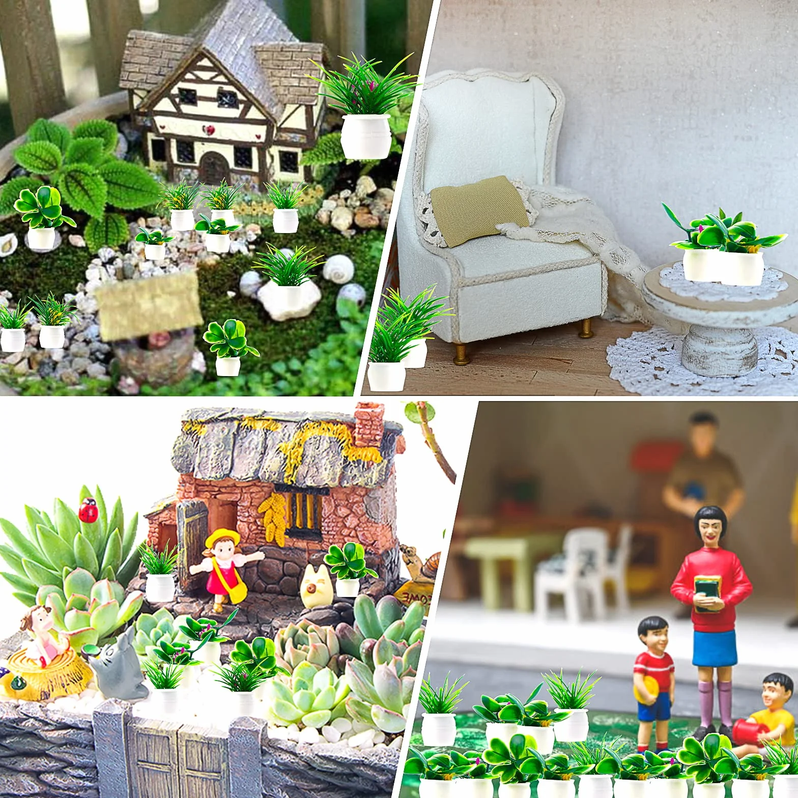 cobee Miniaturowy zestaw roślin do domku dla lalek, 14 sztuk, domek dla lalek, bonsai, roślina 1:12, mini ogród rośliny doniczkowe, mały kwiat, model zieleni, ozdoba, bajkowy ogród, domek dla lalek