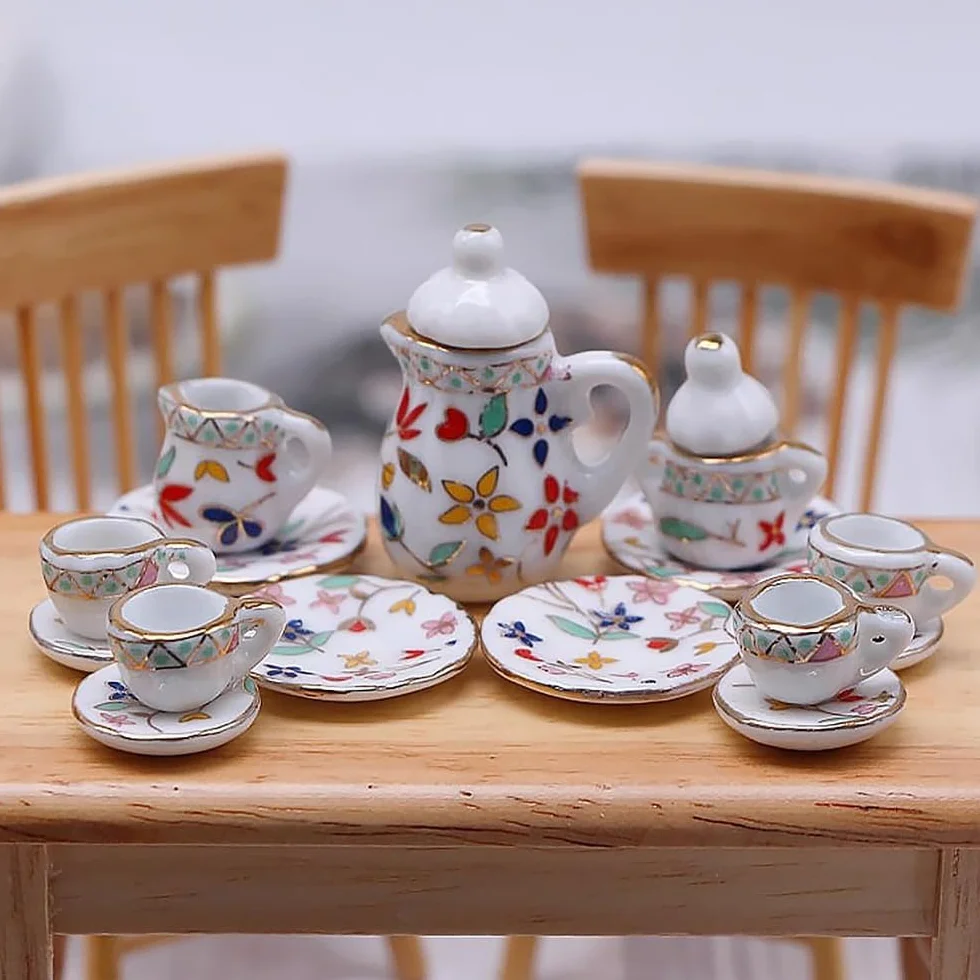 Alnicov 15-częściowy zestaw obiadowy kubki porcelanowe akcesoria do domku dla lalek dla 1/12 domek dla lalek Barbie Lundby domek dla lalek Mini domek dla lalek
