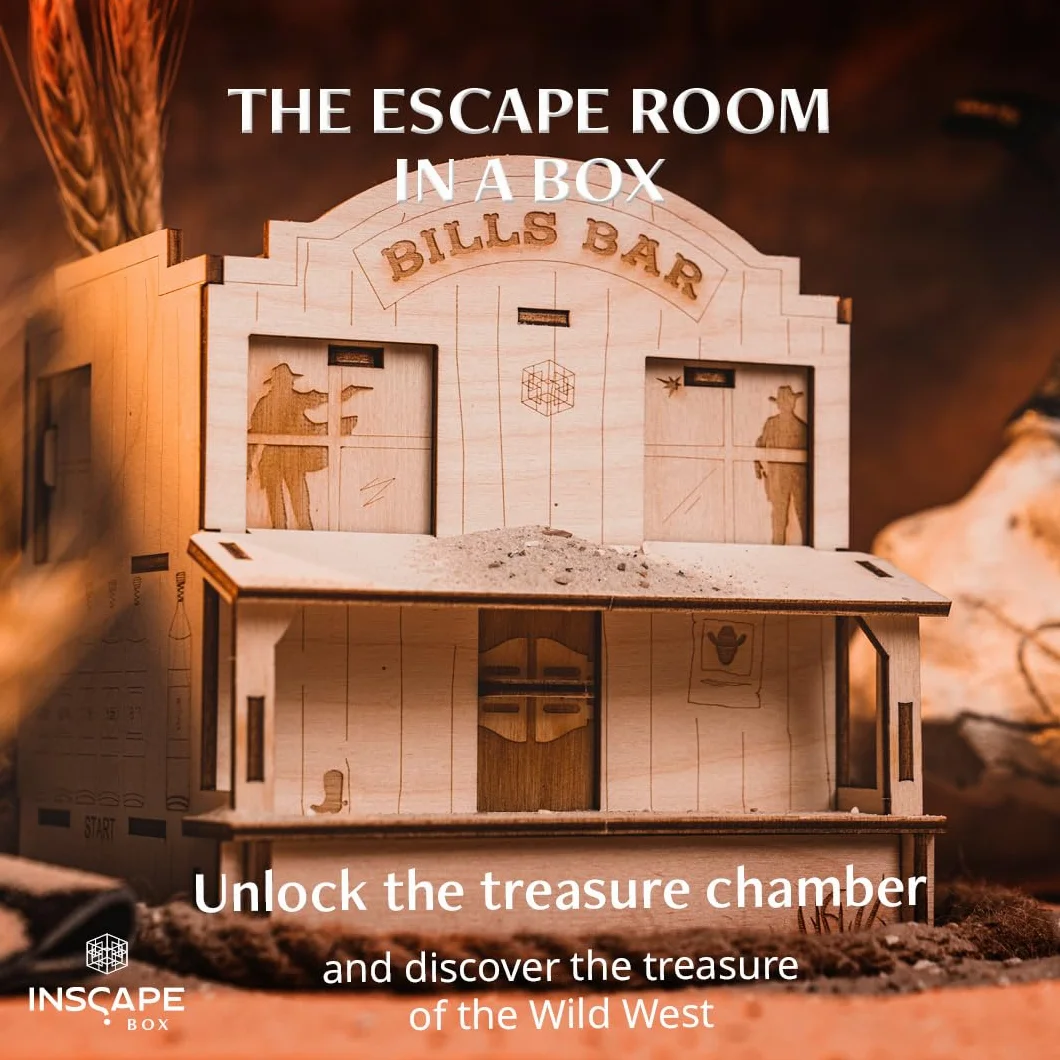 INSCAPE Wild West Riddles drewniane pudełko z puzzlami - puzzle - Escape Room gra dla dorosłych i dzieci - gry logiczne dla dorosłych - drewniane puzzle 3D - Cluebox - gry myślące