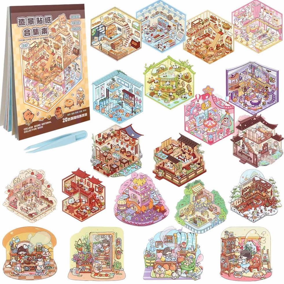 Vicloon Zestaw naklejek DIY domek 3D, 50 arkuszy nminiaturowe naklejki domowe 3D,urocze naklejki z kreskówkową scenerią dla dorosłych i dzieci do odprężenia i zabicia czasu,z pęsetą