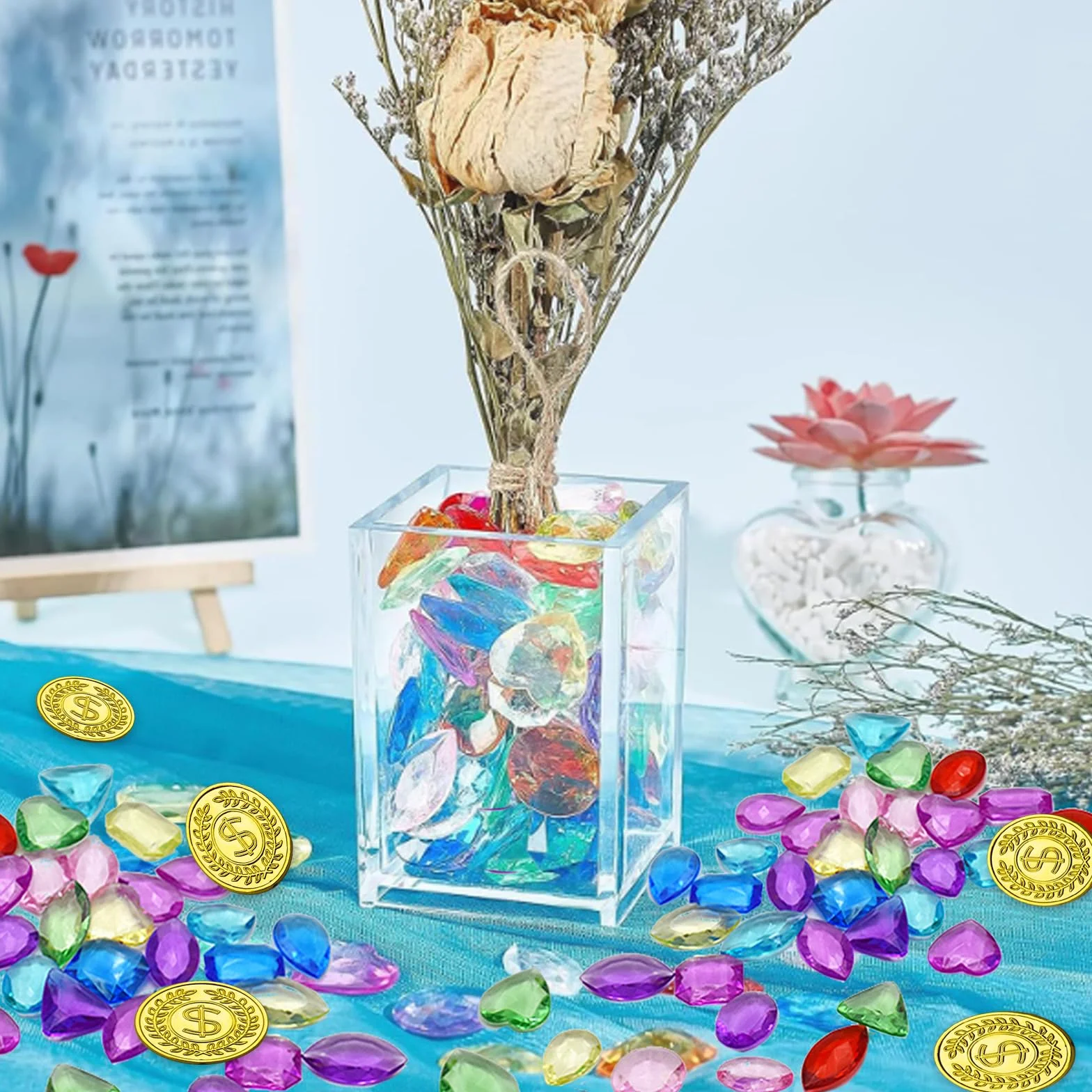 Kamienie szlachetne dla dzieci, 100 sztuk kolorowych akrylowych diamentów, przezroczyste kryształki diamentowe, dekoracja z 10 złotymi monetami, kryształami, dla dzieci, dla piratów