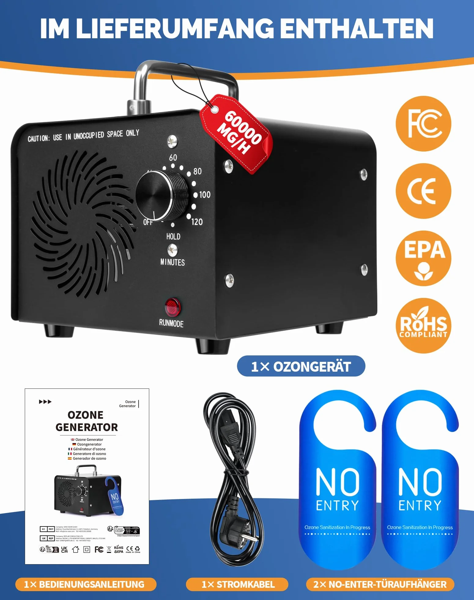 Ozonator 60000 mg/h O3 oczyszczacz powietrza neutralizator zapachów do 400 m² timer 120 min przemysłowy
