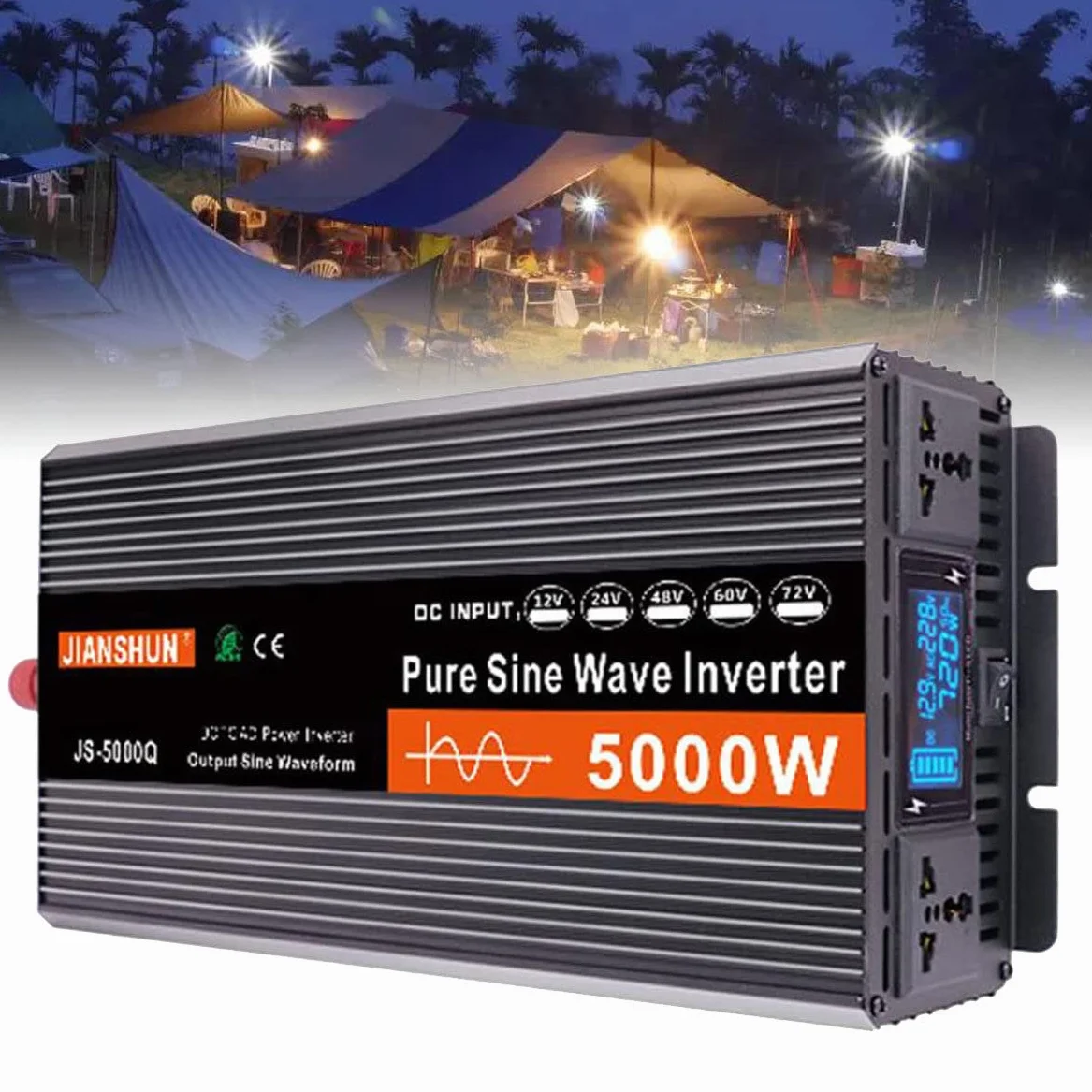 3000W 4000W 5000W 6000W Falownik Czysta fala sinusoidalna Przetwornica napięcia 12V 24V 48V 60V do 220V Falownik z wyświetlaczem LED i gniazdami UE do laptopa, kamery,5000W-48V