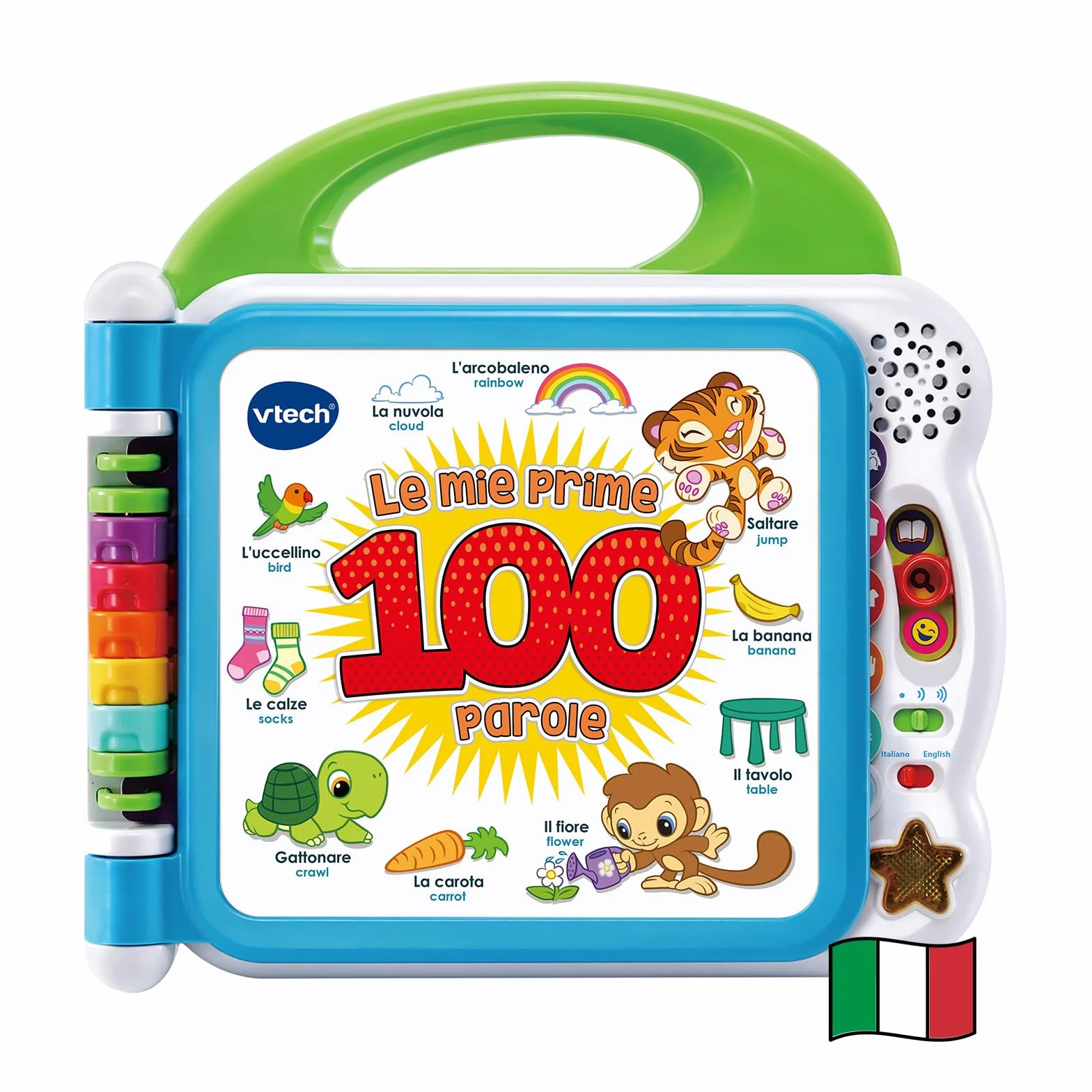 VTech Moja pierwsza ilustrowana książka - Le Mie Prime 100 słów, dwujęzyczna książka dla dzieci, książka sensoryczna w języku włoskim i angielskim, książka dla noworodków z 3 trybami, z bateriami, 18