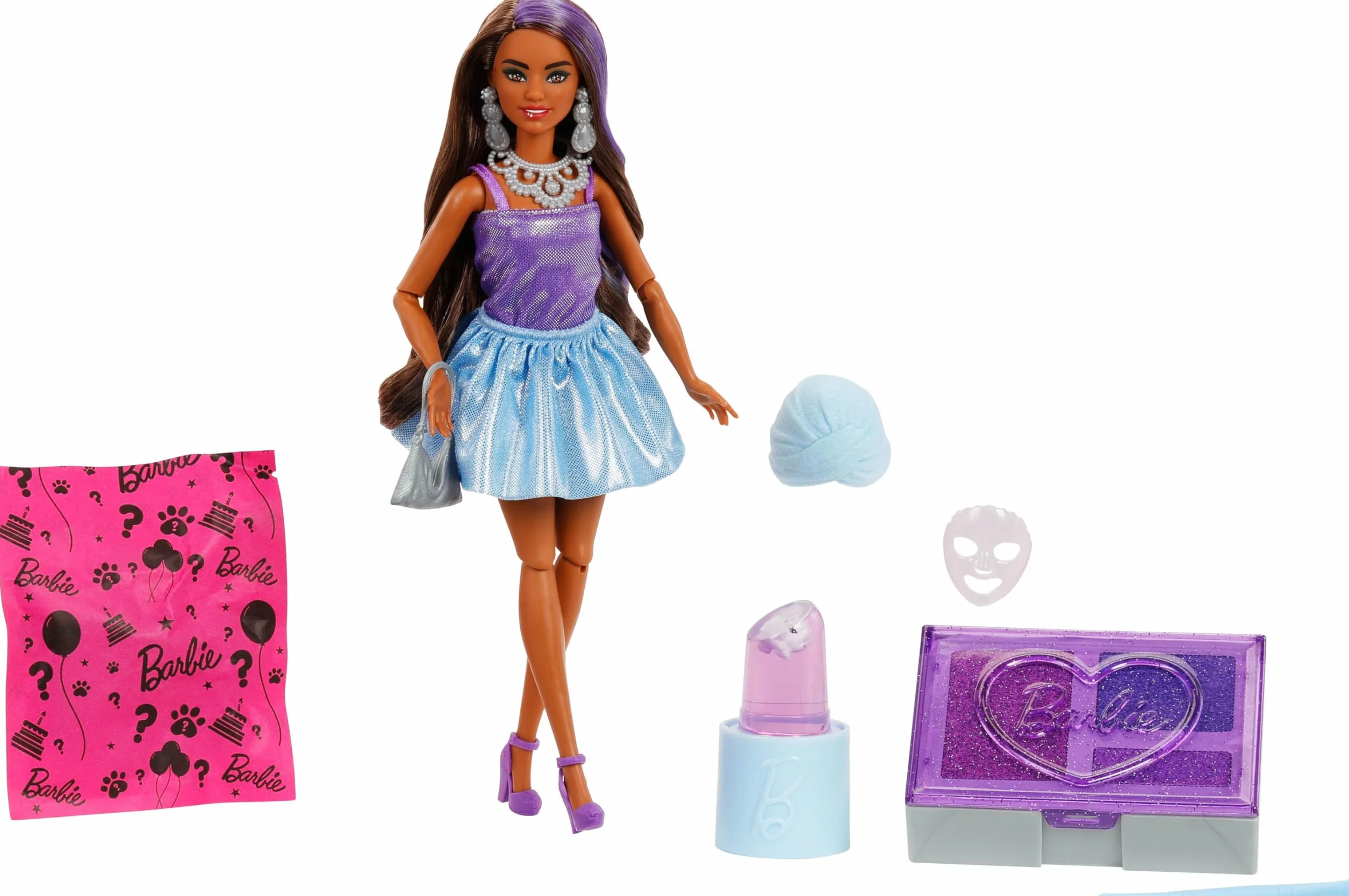 Barbie Party Unboxed Glam Party Stylowe przygotowania Zestaw fioletowy, lalka i akcesoria, łącznie 10 niespodzianek, w tym funkcja zmiany koloru, zabawka dla dzieci 3+, zestaw prezentowy, JFY66