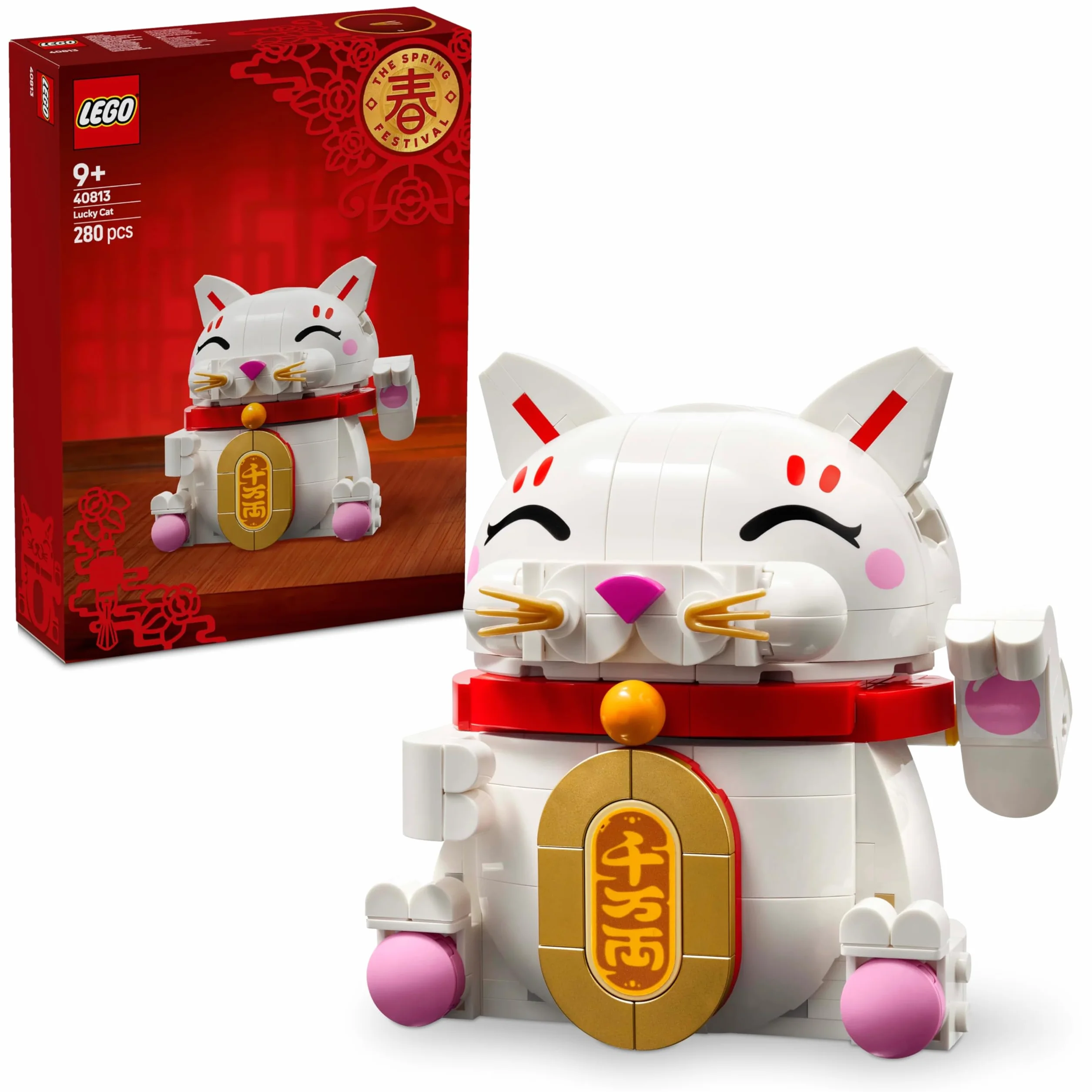 LEGO Japoński kot szczęścia, zestaw klocków konstrukcyjnych, pomysł na prezent dla dzieci i dorosłych na Święto Wiosny, japońska dekoracja z modelem kota dla dziewczynek i chłopców 40813