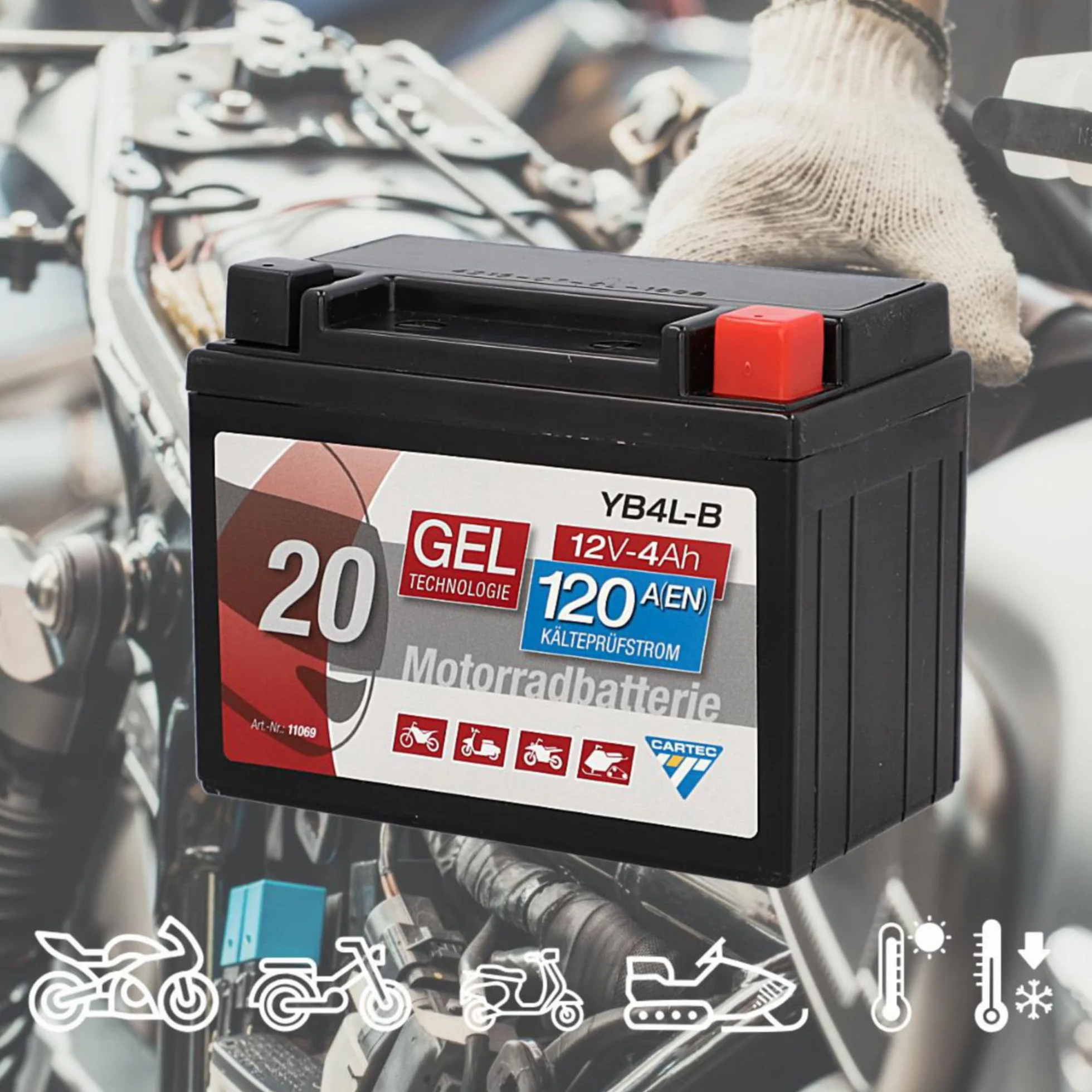 CARTEC Akumulator motocyklowy YB4L-B, 4 Ah 120 A, technologia żelowa, jakość OEM, odporny na cykl, możliwość przechowywania, bezobsługowy, czarny