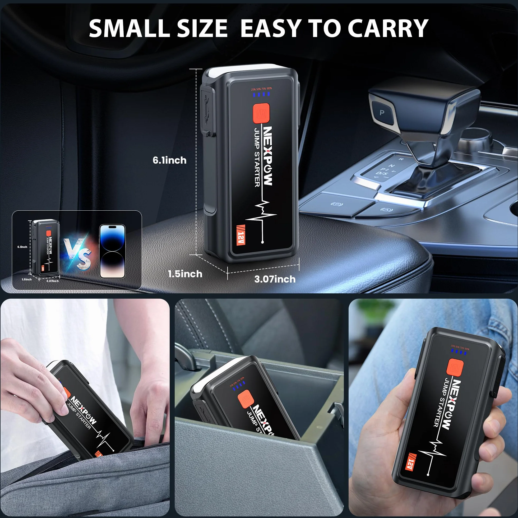 NEXPOW Urządzenie rozruchowe 3000 A do pojazdów 12 V (do 10 l benzyny/8,5 l oleju napędowego), powerbank z latarką LED, USB, do ekranu, wzmacniacz akumulatora samochodowego do SUV-ów, motocykli