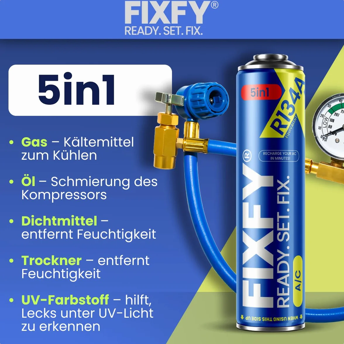 5 w 1 – zamiennik czynnika chłodniczego R134a z olejem, suszarką, środkiem uszczelniającym, gazem i barwnikiem UV – 2 x 500 ml puszka, do samodzielnego napełniania klimatyzacji w pojazdach z lat