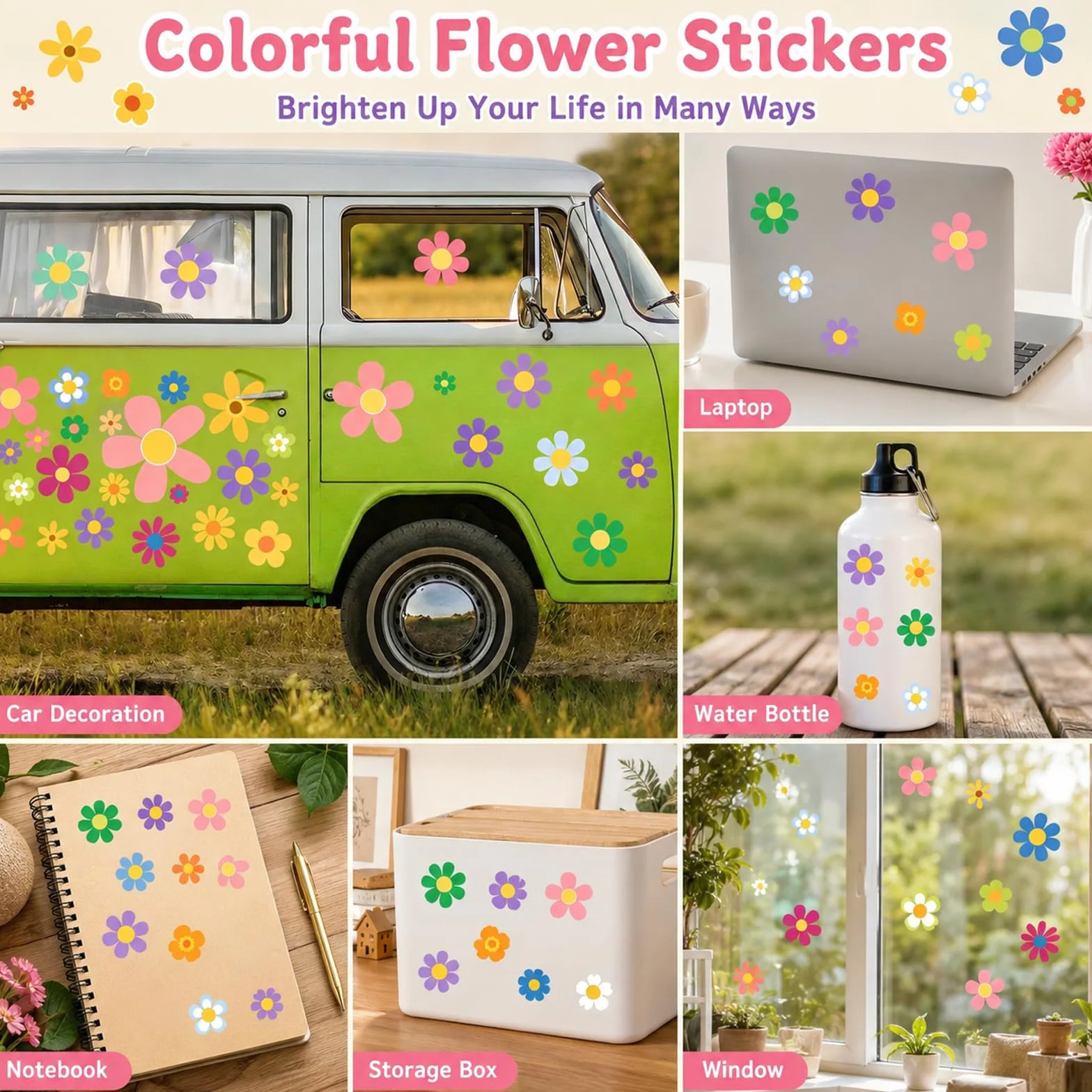Naklejki samochodowe Hippie Design Duże Kwiaty Wodoodporne Samoprzylepne Winylowe 88 szt.