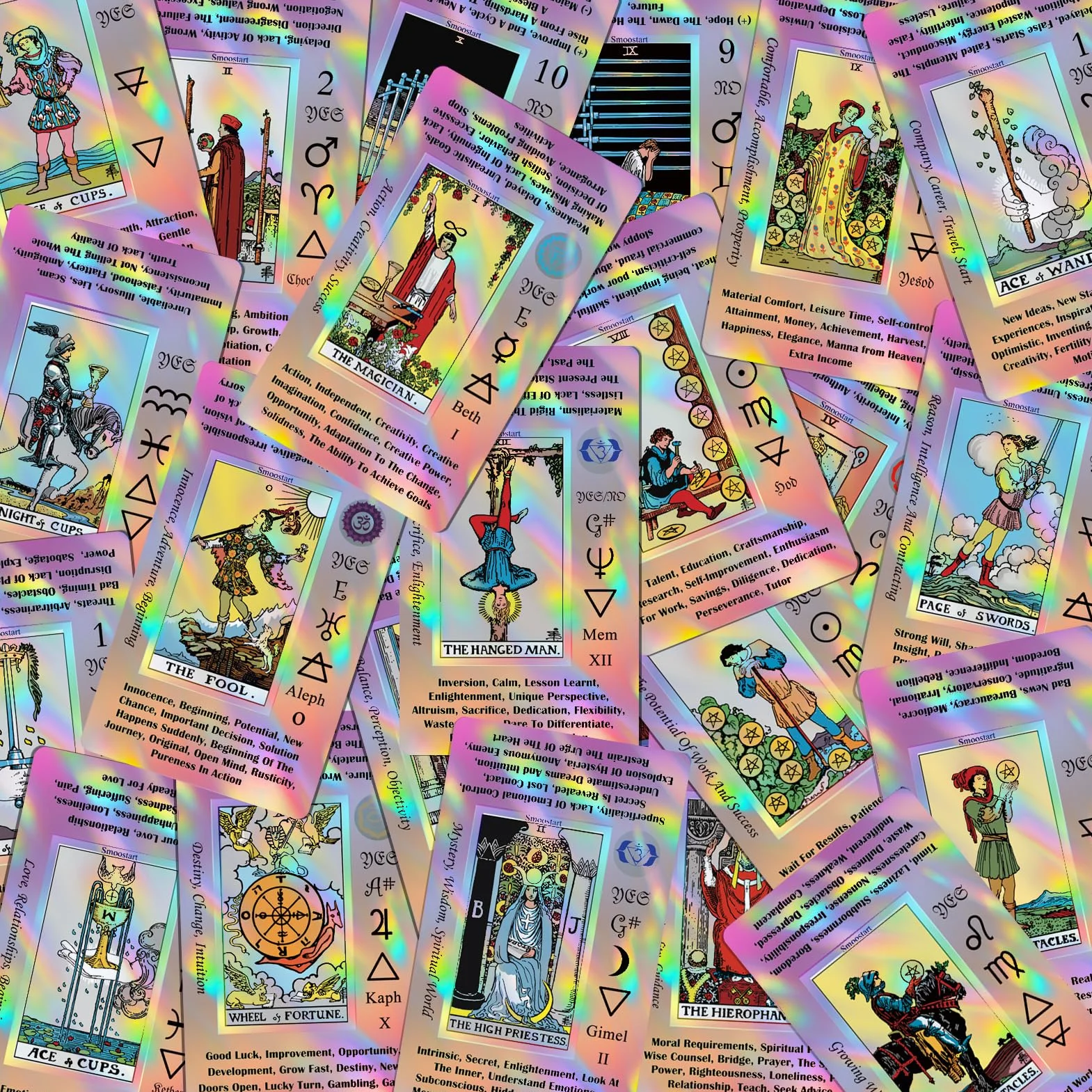 Smoostart Różowa holograficzna talia tarota dla początkujących z przewodnikami, słowami kluczowymi, elementami, planetami, znakami zodiaku, czakrami, tak lub nie, numerologią, literami hebrajskimi