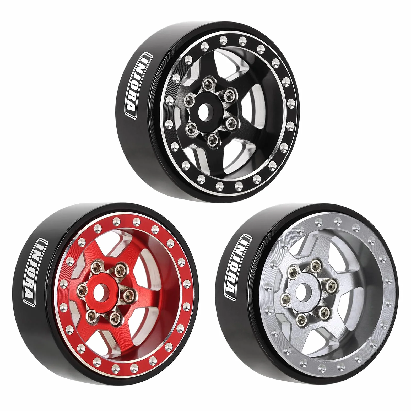 INJORA 1.0 Plus Beadlock felgi aluminiowe, 6 szprych, do SCX24 TRX4M FCX24 1/24 1/18 RC Crawler, czarne