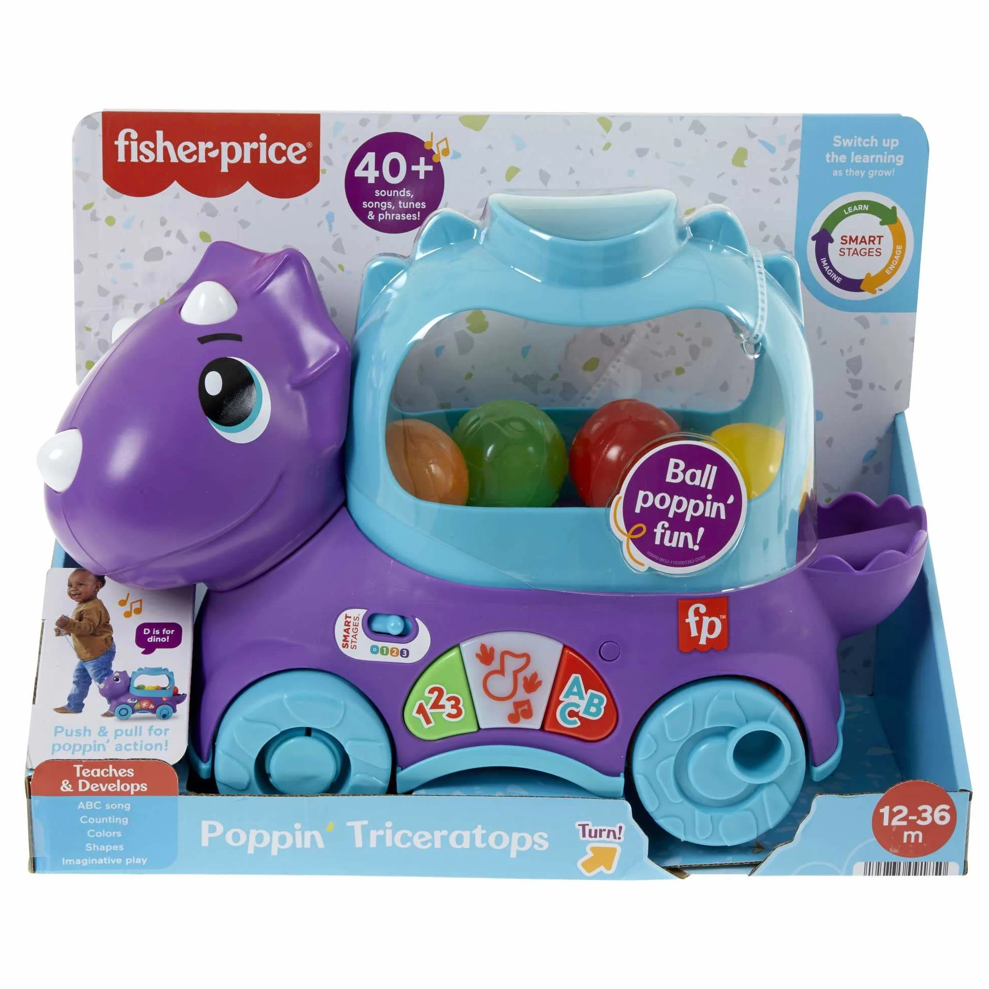 Fisher-Price Dinuś Podskakujące piłeczki Edukacyjna zabawka do ciągnięcia dla niemowląt i starszych dzieci, z treściami Poziomy nauki z możliwością wyboru języka, HNR51