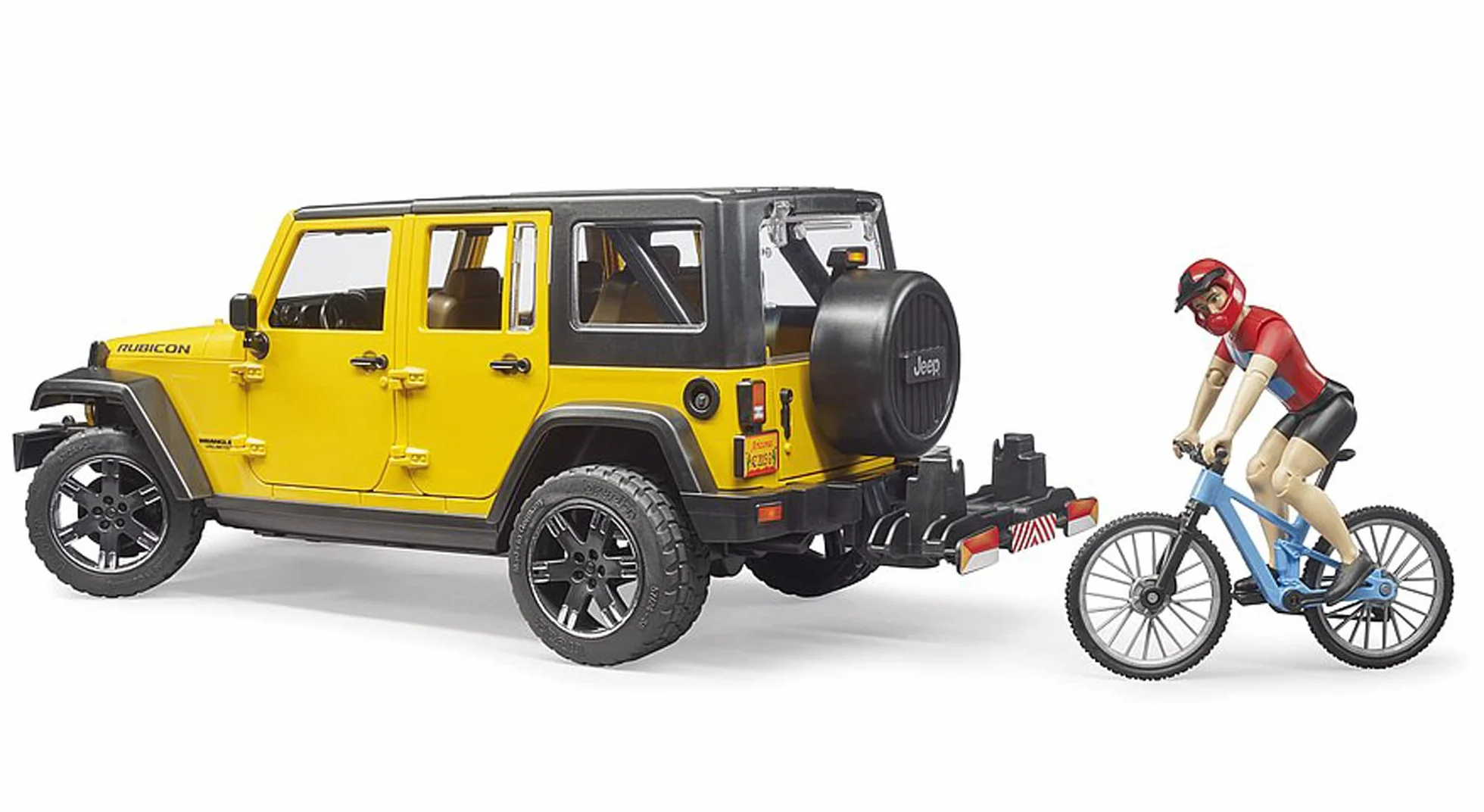 bruder 02543 - Jeep Wrangler Rubicon Unlimited z rowerem górskim i rowerzystą, pojazd terenowy, rower, figurka zabawki