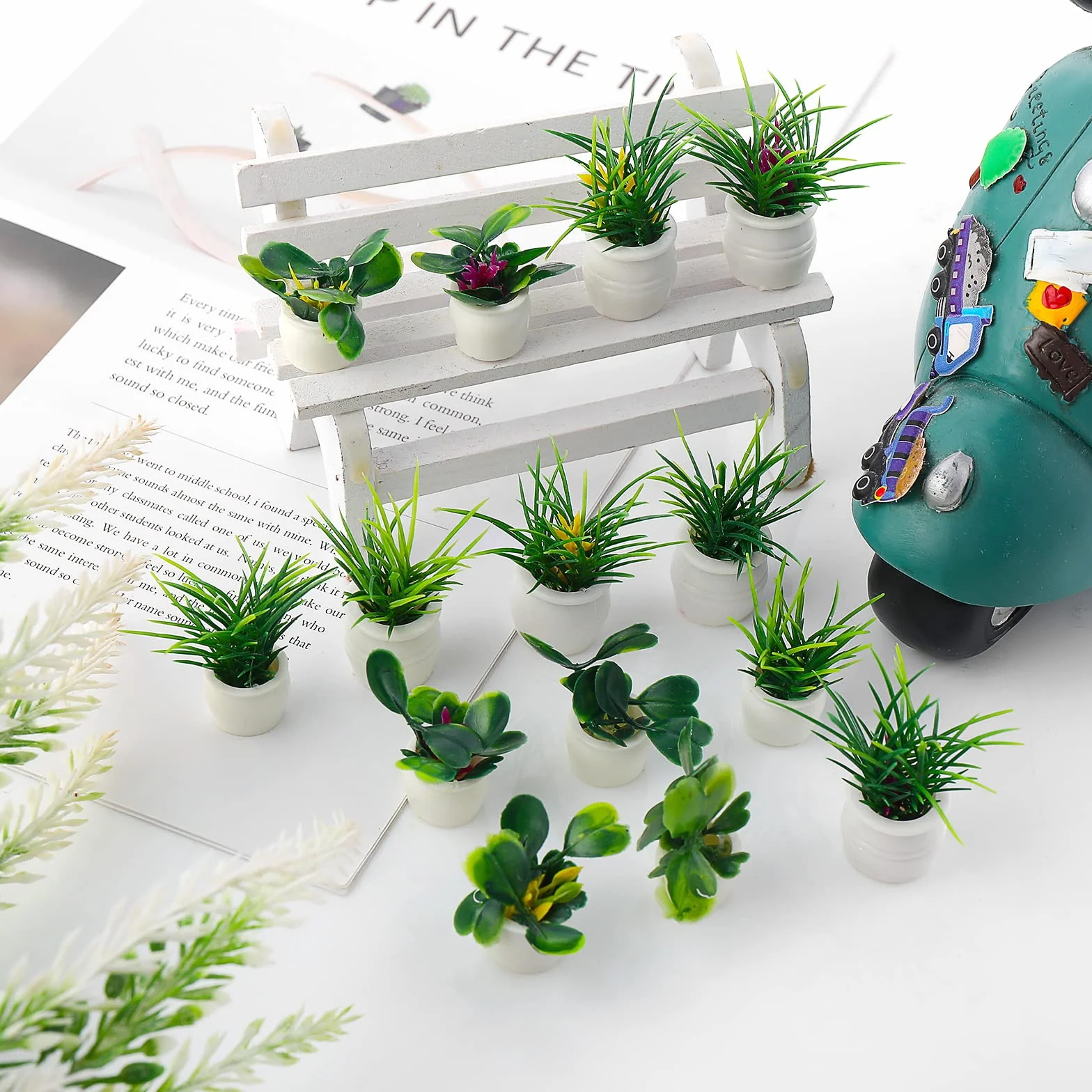 cobee Miniaturowy zestaw roślin do domku dla lalek, 14 sztuk, domek dla lalek, bonsai, roślina 1:12, mini ogród rośliny doniczkowe, mały kwiat, model zieleni, ozdoba, bajkowy ogród, domek dla lalek