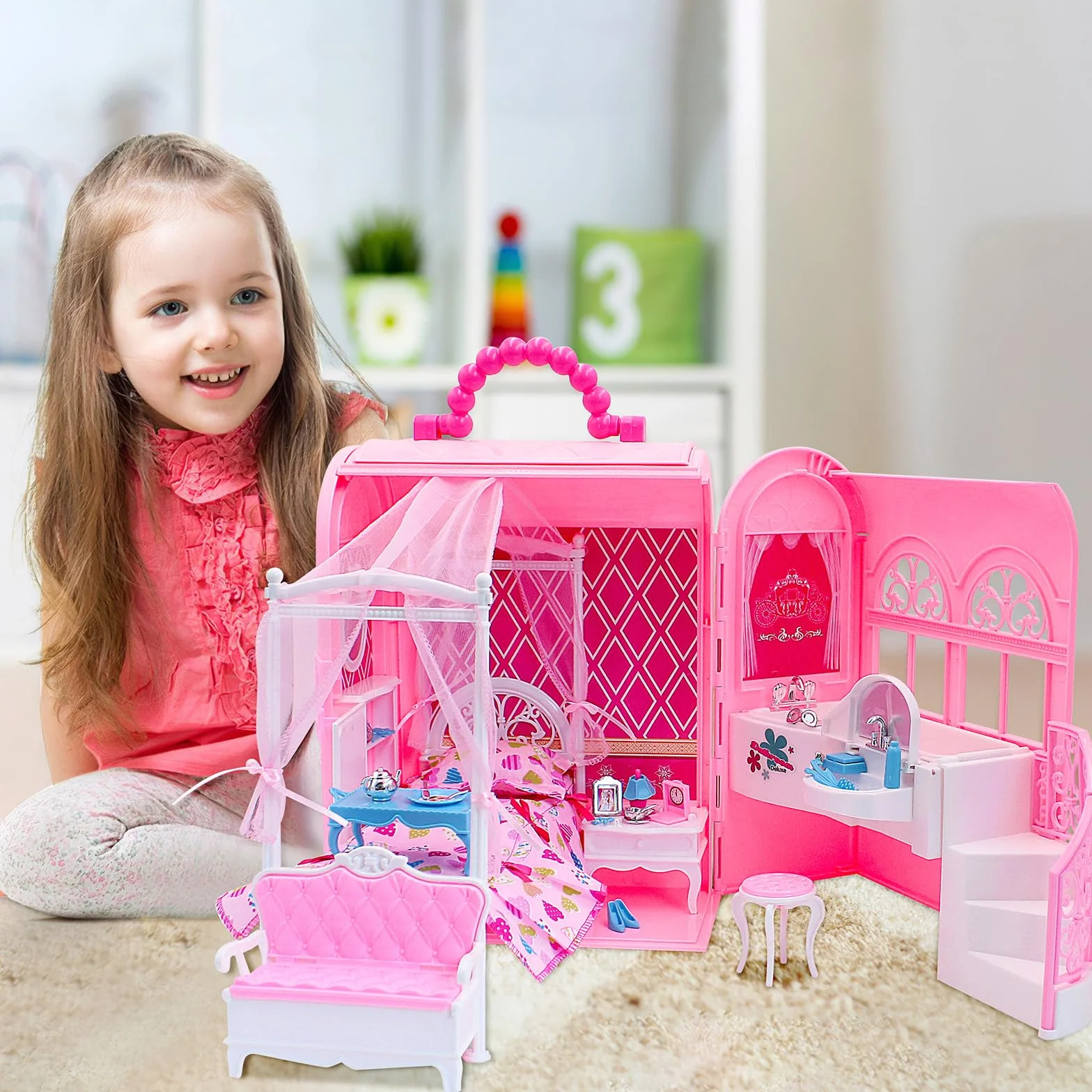 deAO Przenośne pudełko 2 w 1 i pokój dla lalek Princess Deluxe z meblami (lalka nie jest dołączona)