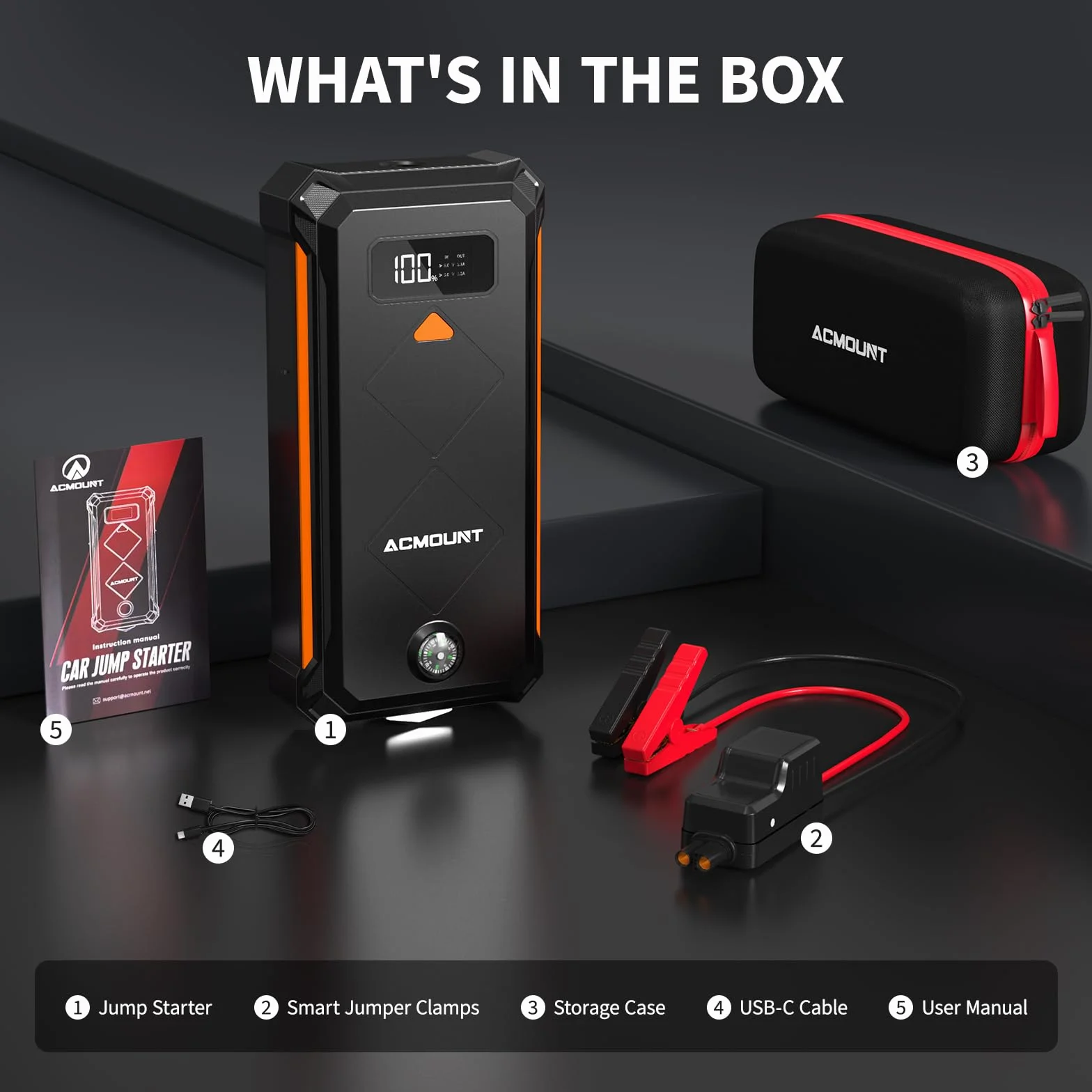 Acmount Powerbank Rozruchowy, 7000A Samochodowy Powerbank Rozruchowy do Osobowych, Rozrusznik (Do 12L Benzyna/10L Diesel), Booster Baterii z Latarką LED, Kablami Rozruchowymi, USB i Kompasem