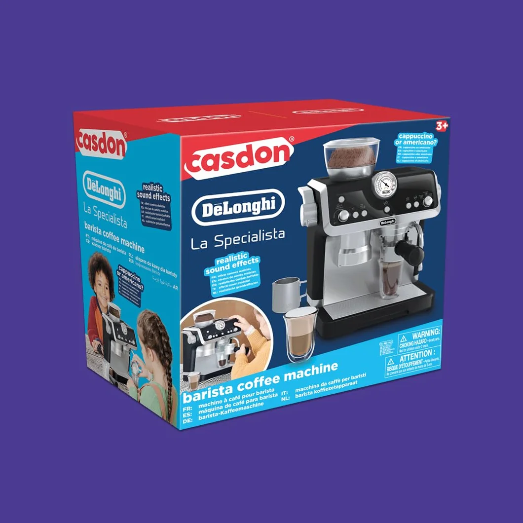 Casdon De'Longhi Toys. Barista ekspres do kawy, zabawkowy zestaw kuchenny dla dzieci z ruchomymi częściami, realistyczne dźwięki i magiczne ujawnienie kawy, dla dzieci w wieku od 3 lat, srebrny