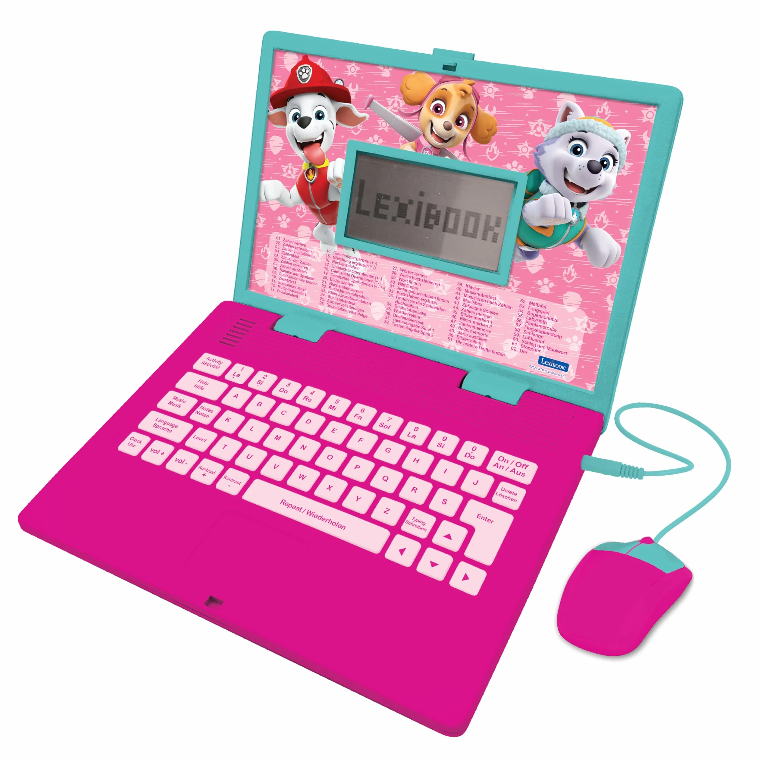Lexibook Psi Patrol, pedagogiczny i dwujęzyczny laptop w języku angielskim/niemieckim, zabawka dla dzieci z 124 aktywnościami do nauki, grania w gry i muzykę, różowy, JC598PAGi3