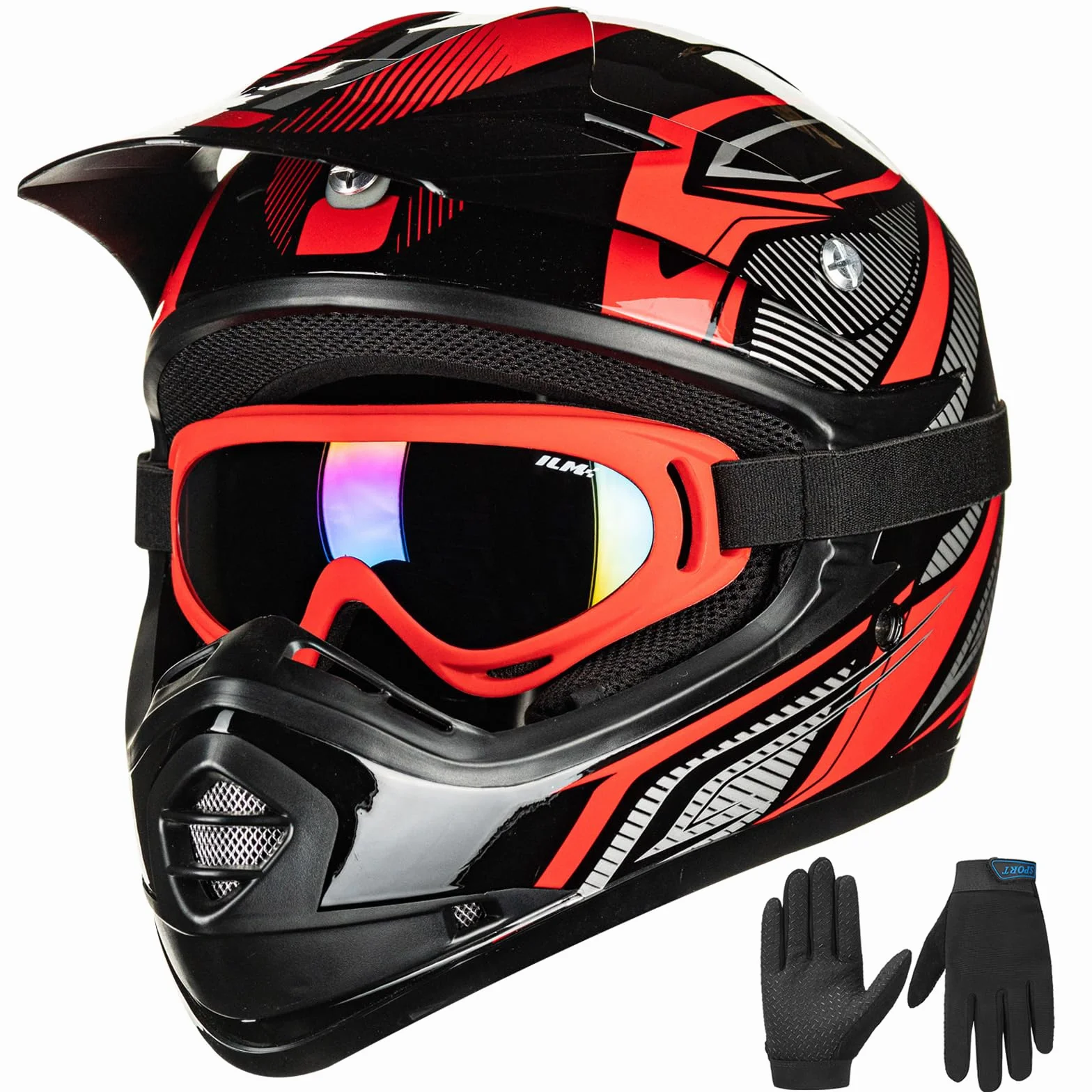ILM Youth Kids ATV Motocross Helmet Goggles Sports Gloves Dirt Bike Motorcycle Off Road DOT Approved B07 (Youth-L, Red/Silver)