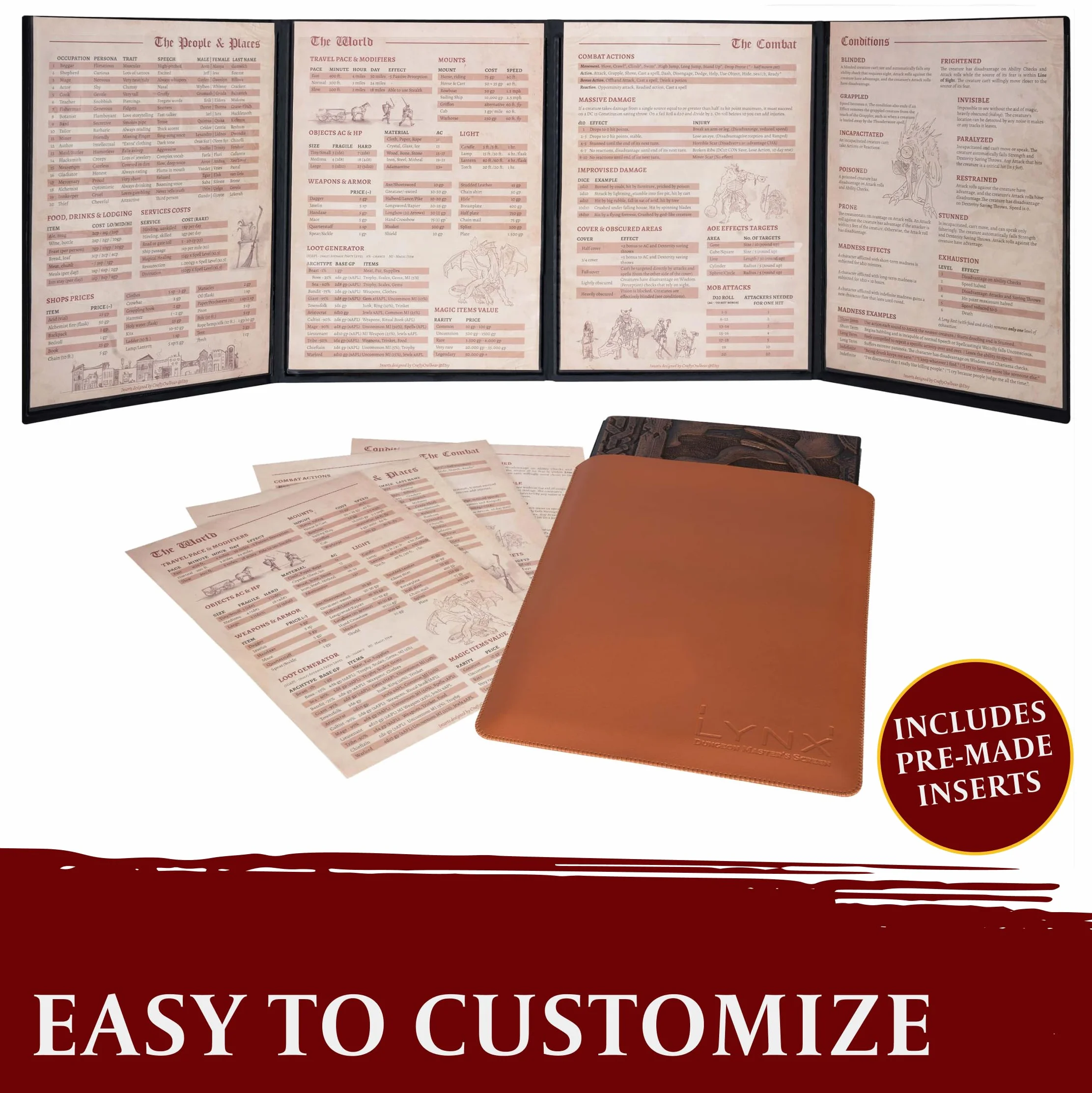 DND DM Screen 5e - D&D Dungeon Master Screen 3D sztuczna skóra z konfigurowalnymi wkładkami - Dungeons and Dragons GM / Game Master akcesoria jako prezent dla mężczyzny lub kobiety. Ukryj swoje rzuty