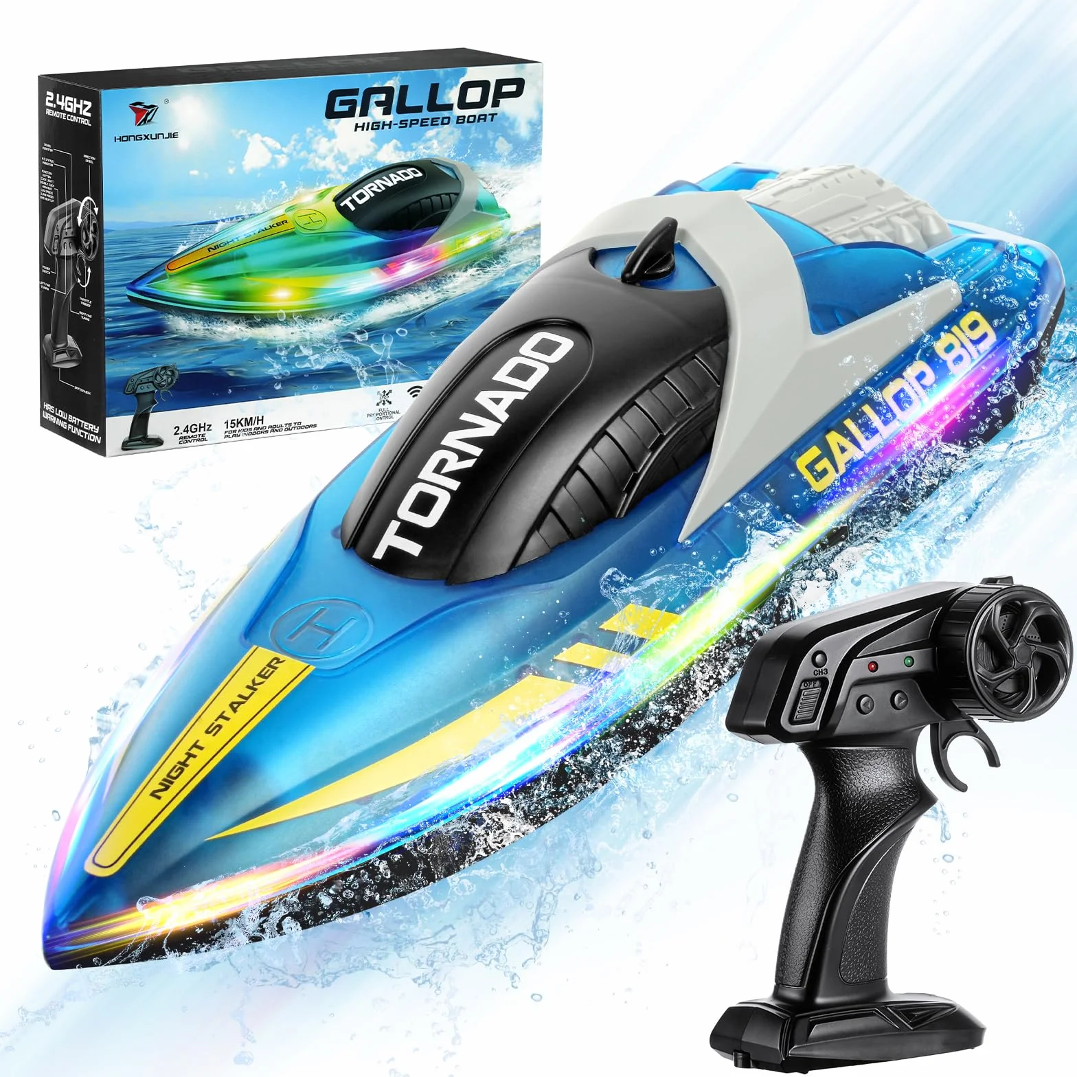 HOTUT Zdalnie sterowana łódź, Speedboat, 15+ km/h RC, łodzie wyścigowe 2,4 GHz z diodami LED, regulowany akumulator Speedboot 1200 mAh, dla dorosłych i dzieci od 14 lat
