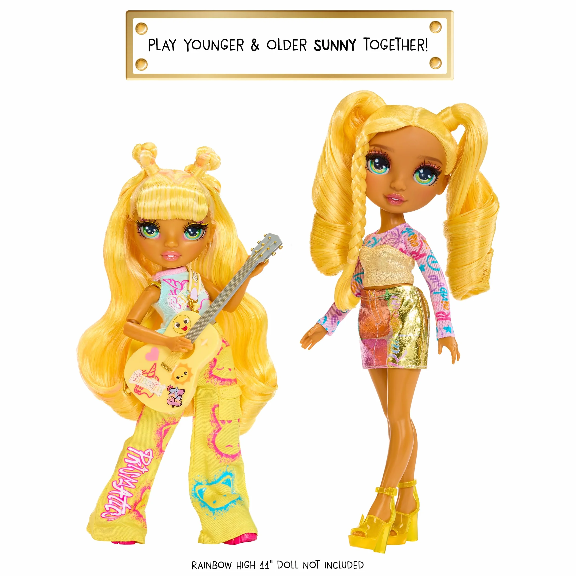 Rainbow High Junior High Rock Band - Sunny, Żółta - 23 cm Modna Lalka z Gitarą. Możliwość Personalizacji za Pomocą Naklejek, Przegubowa. Zabawka dla Dzieci od 4. Roku Życia