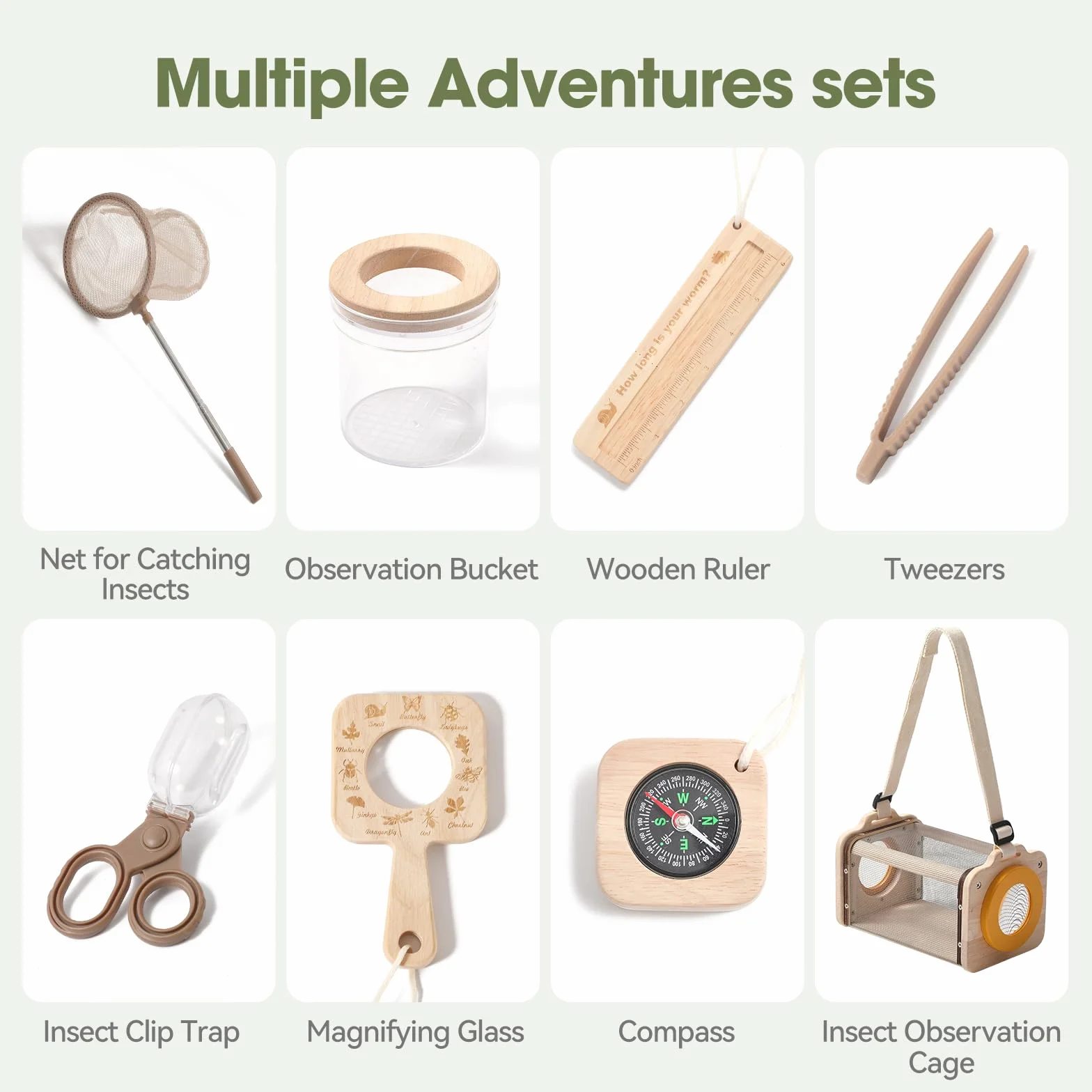 WOODEN TEETHER 9-częściowy zestaw badaczy z litego drewna dla dzieci, zabawka outdoorowa z łapaczem owadów, lupa dla dzieci, kompas, lupa kubekowa, kemping, eksploracja natury, prezent dla chłopców i
