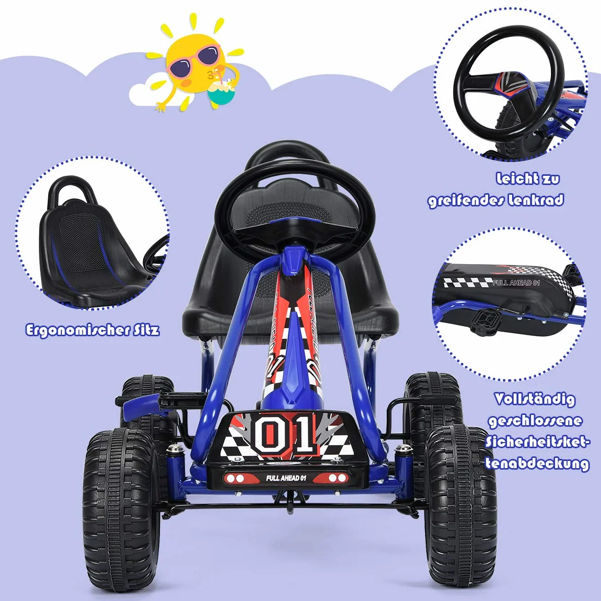 COSTWAY Gokart z regulowanym siedziskiem, Go Cart z hamulcem ręcznym, samochód na pedały, obciążenie do 30 kg, pedały, pojazd pedałowy, pojazd dla dzieci w wieku 3-6 lat (niebieski)