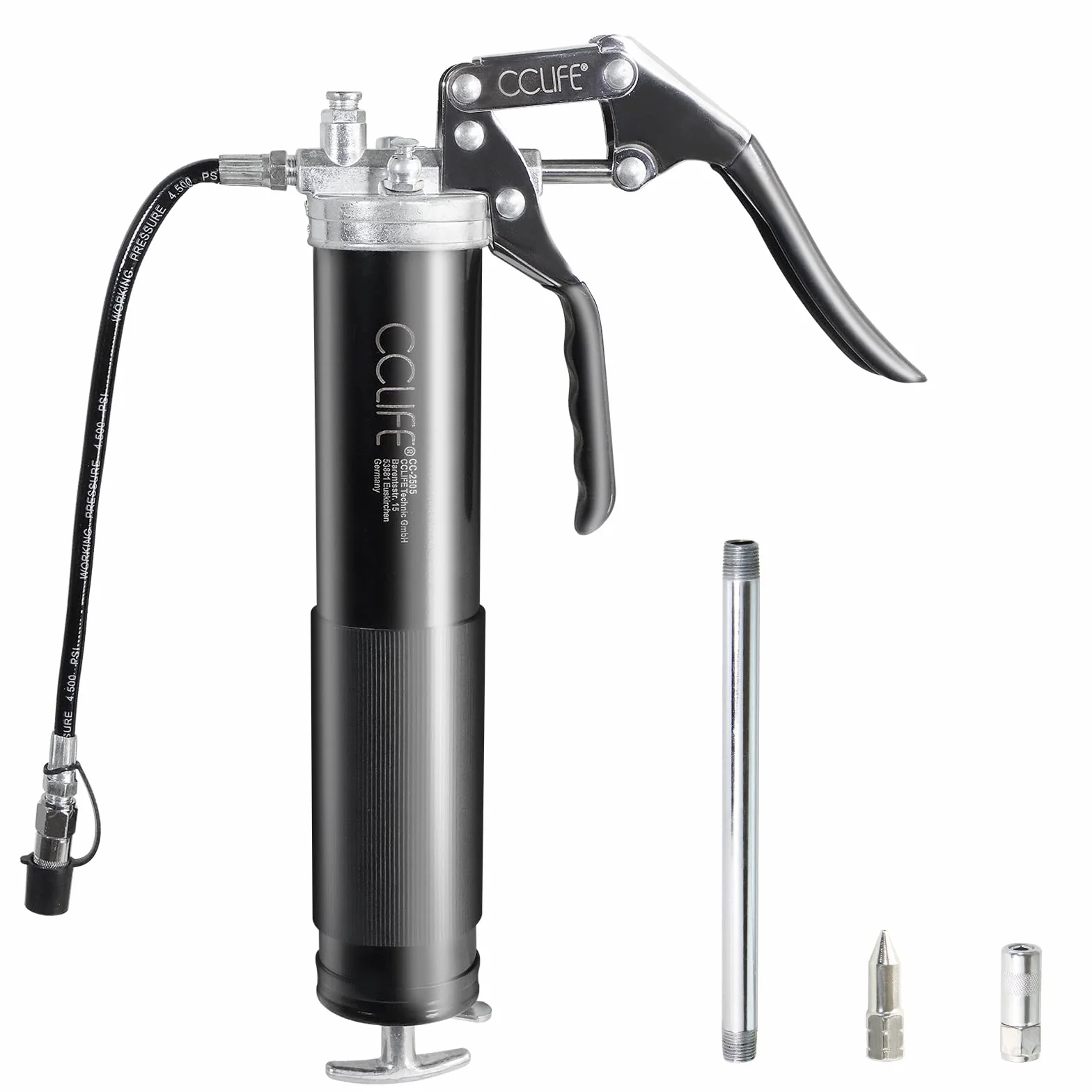 CCLIFE Jednoręczny smarowania 6000 PSI z uchwytem pistoletowym i dźwignią do smarowania 400 g kartuszy, 12-calowym wężem elastycznym i metalowym przedłużeniem