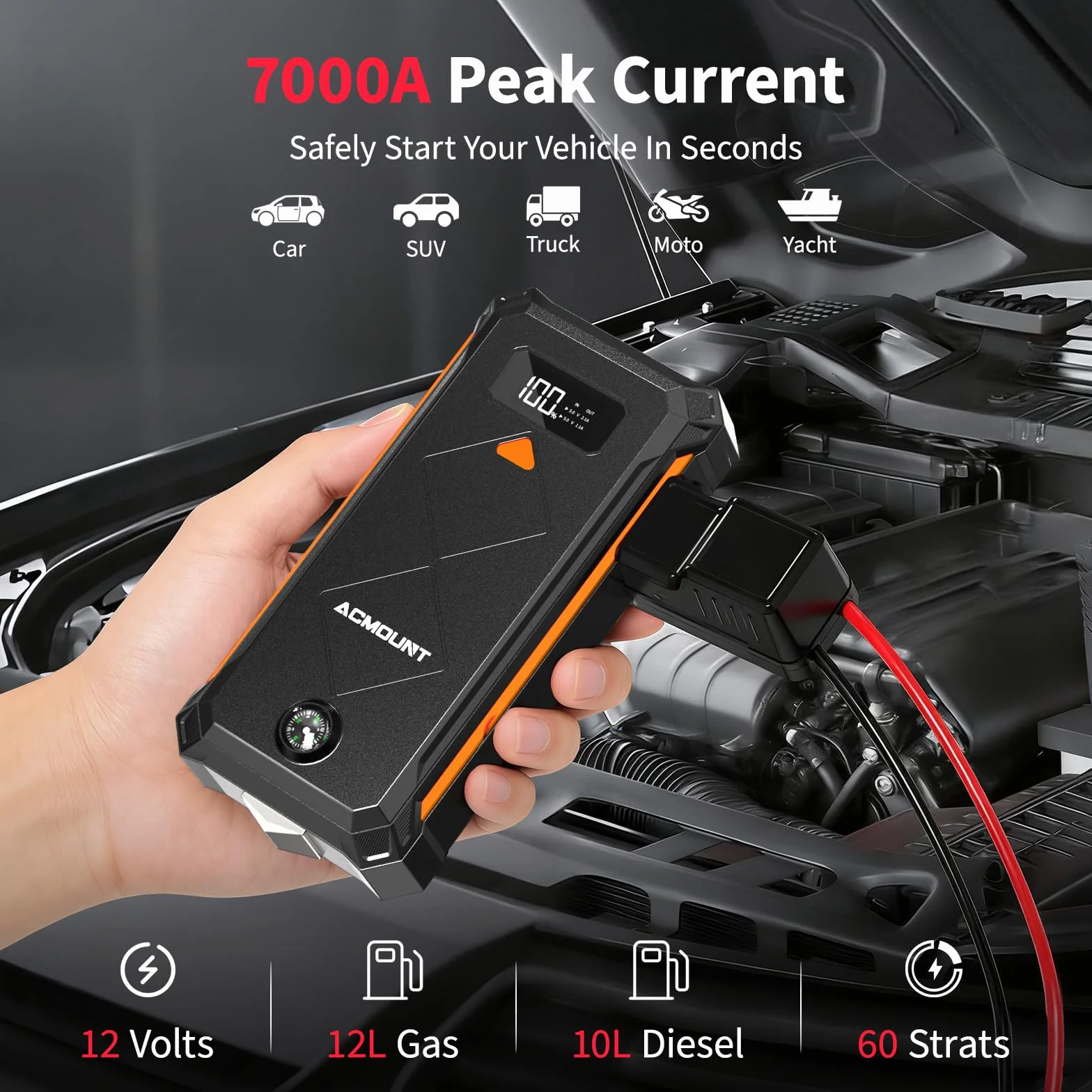 Acmount Powerbank Rozruchowy, 7000A Samochodowy Powerbank Rozruchowy do Osobowych, Rozrusznik (Do 12L Benzyna/10L Diesel), Booster Baterii z Latarką LED, Kablami Rozruchowymi, USB i Kompasem